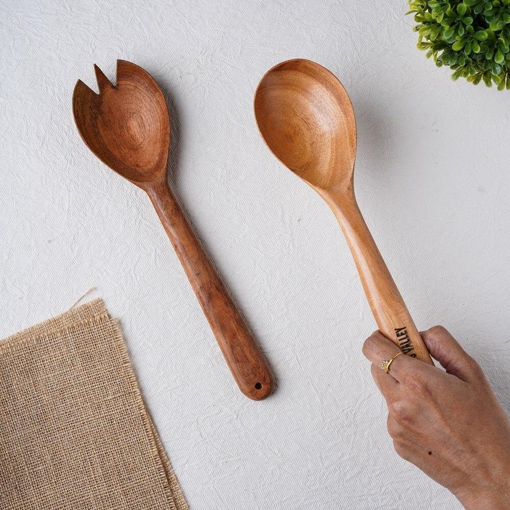 Brown Neem Wood Salad Serving Spoon & Fork Set For Cooking, Sauteing, Stirring, Mixing, Serving Salads - Set Of 1 Spoon & 1 Fork