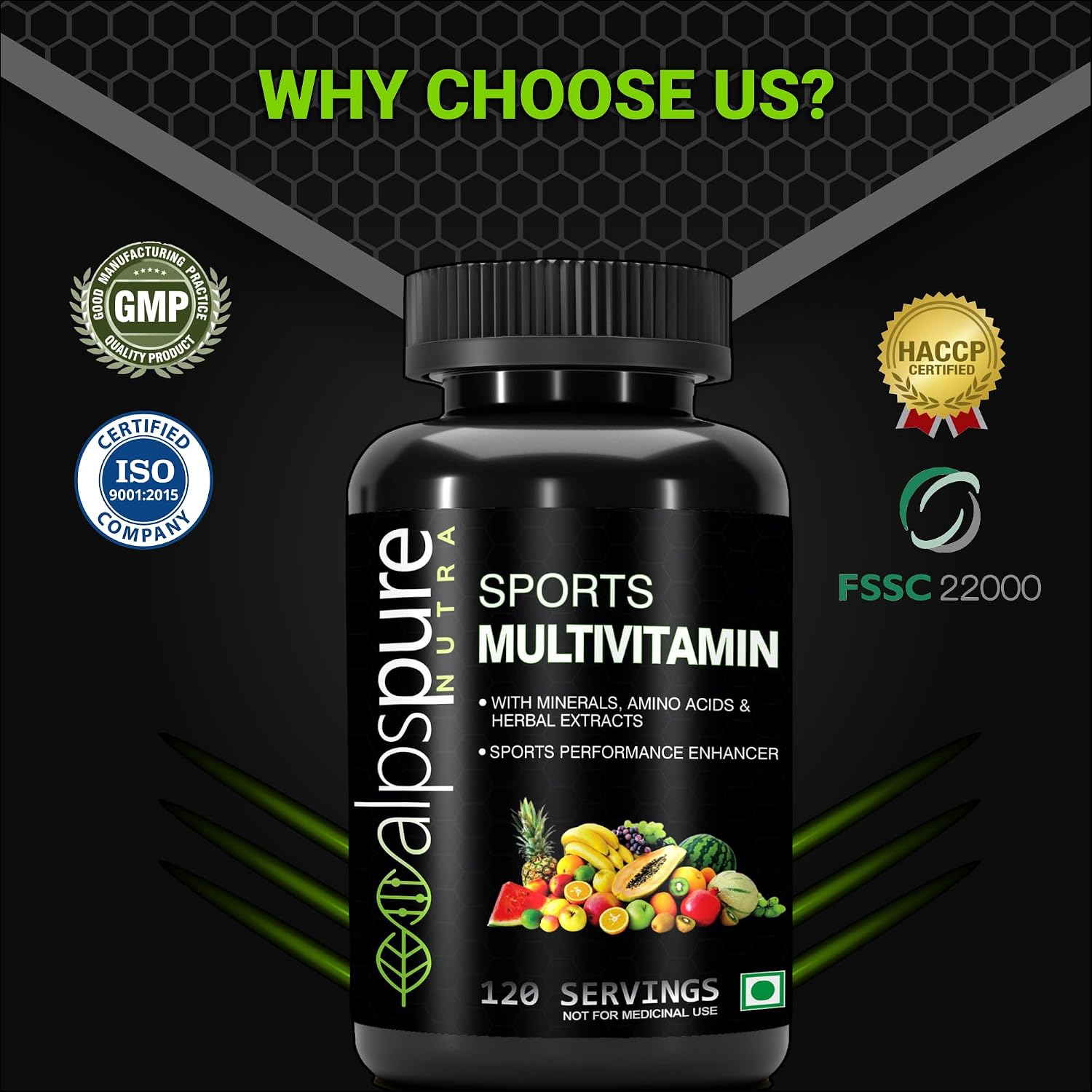 Alpspure Nutra Sports Multivitamin , Sports Performance Enhancer With Minerals, Amino Acids Andherbal Extracts | Essential Nutrients For Energy & Stamina | 120 Capsules , 200gm 0.4lbs
