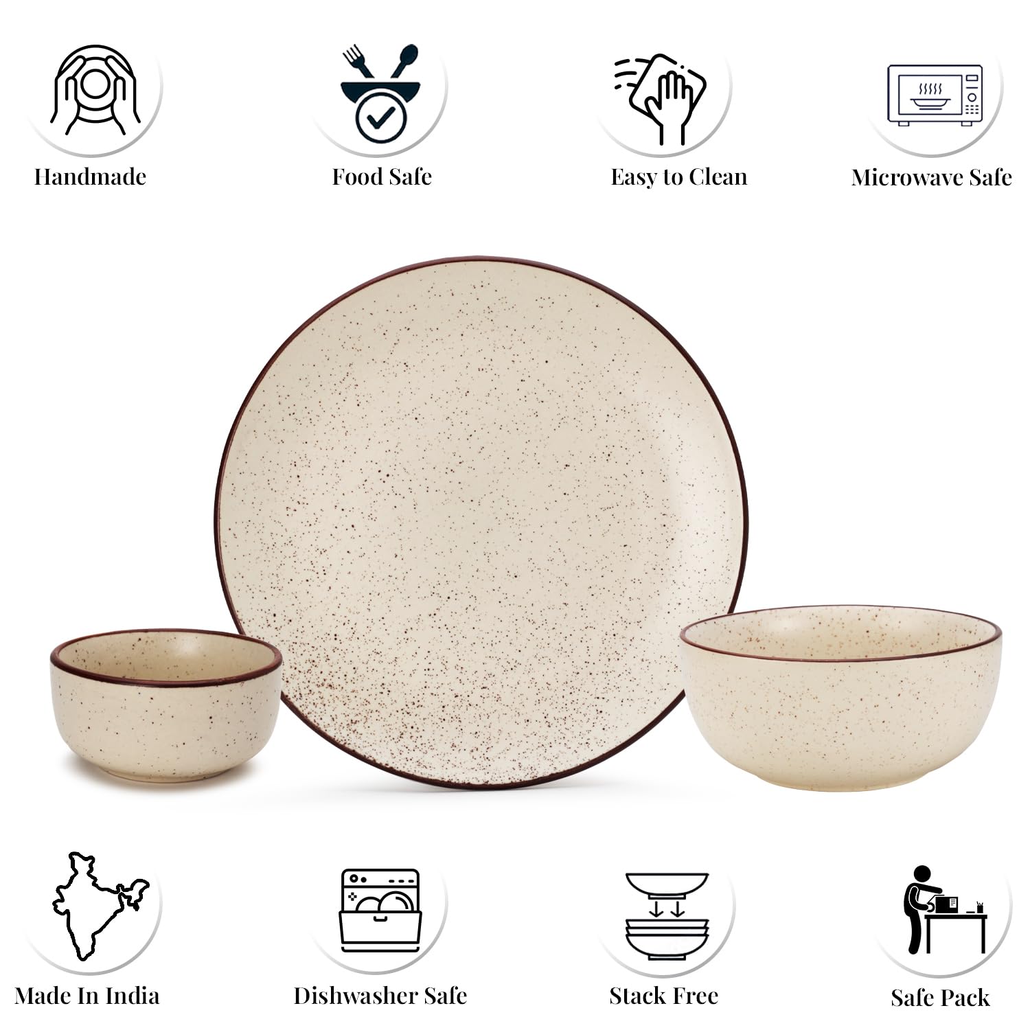 Handcrafted Ceramic Stoneware Dinner Set Of 20 Pcs With Serving Bowl Set - Beige Speckled | 6 Dinner Plates, 10.6 Inch Each + 12 Small Dinner Bowl, 170ml Each+ 2 Serving Bowl, 1000ml Each