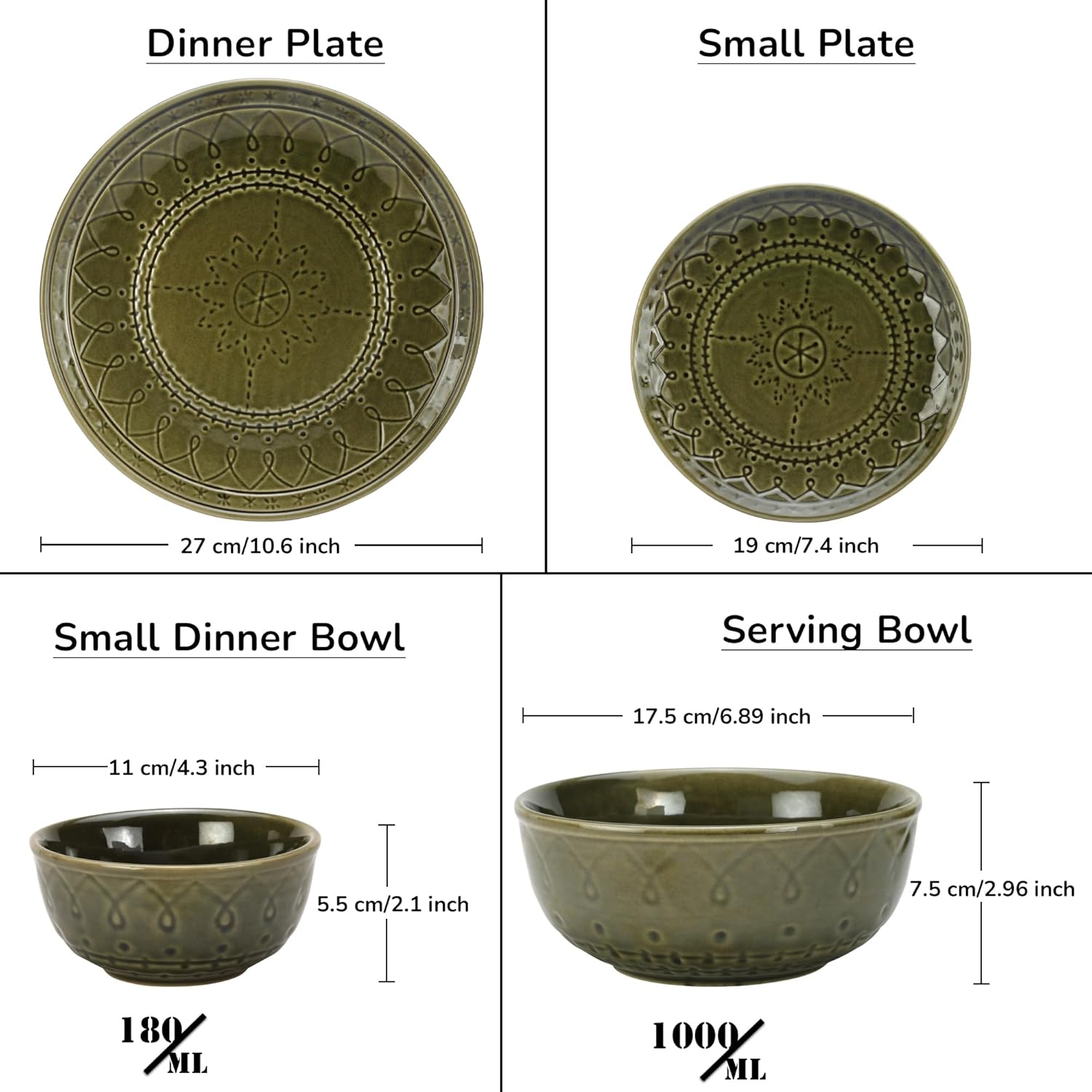 Handcrafted Stoneware Ceramic Dinner Set Of 14 Pcs With Serving Bowl Set - Moss Green | 4 Dinner Plates+ 4 Small Plates+ 4 Small Bowls, 180ml Each+ 2 Serving Bowls, 1000ml Each