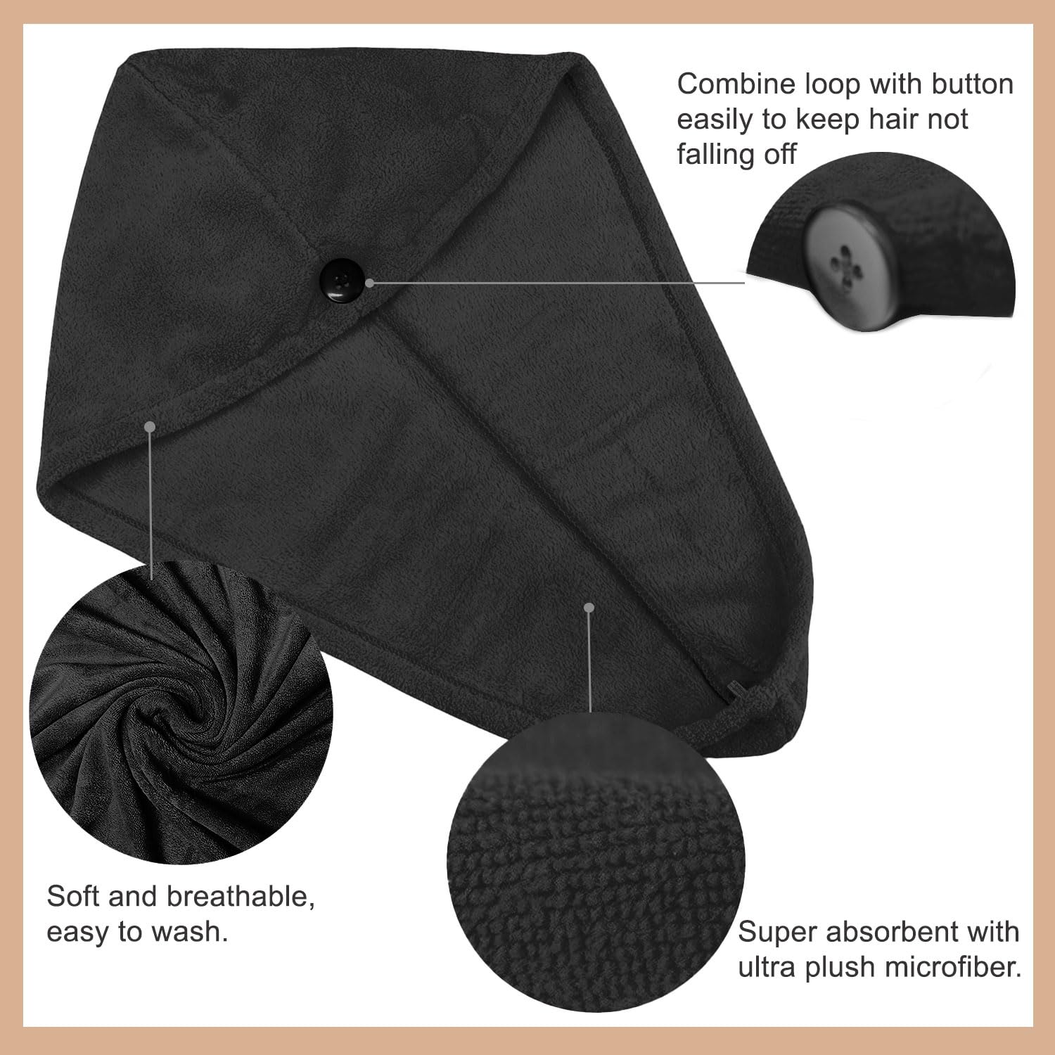 Sassoon Venir Microfiber Hair Wrap Towel 450 Gsm | For Women With Smooth Texture Super Absorbent Quick Dry Hair Turban (Black)