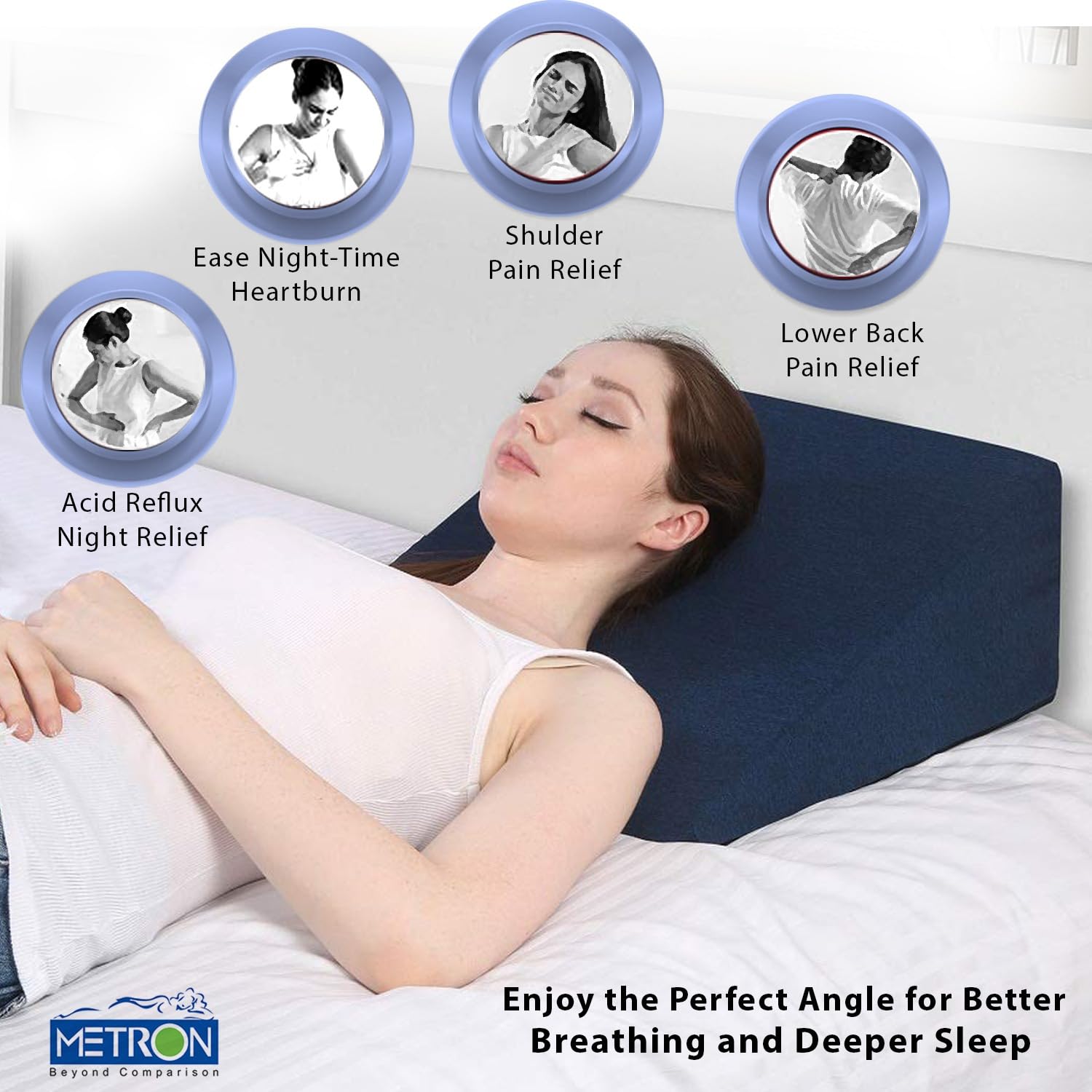 Bed Wedge Pillow, For Back Support, Blue, Medium Size - 18 X 18 X 8 Inches | For Acid Reflux, Gerd, Medical Grade Sponge - Easy To Clean, Removable Soft Fabric Cover, Multi-Purpose Uses