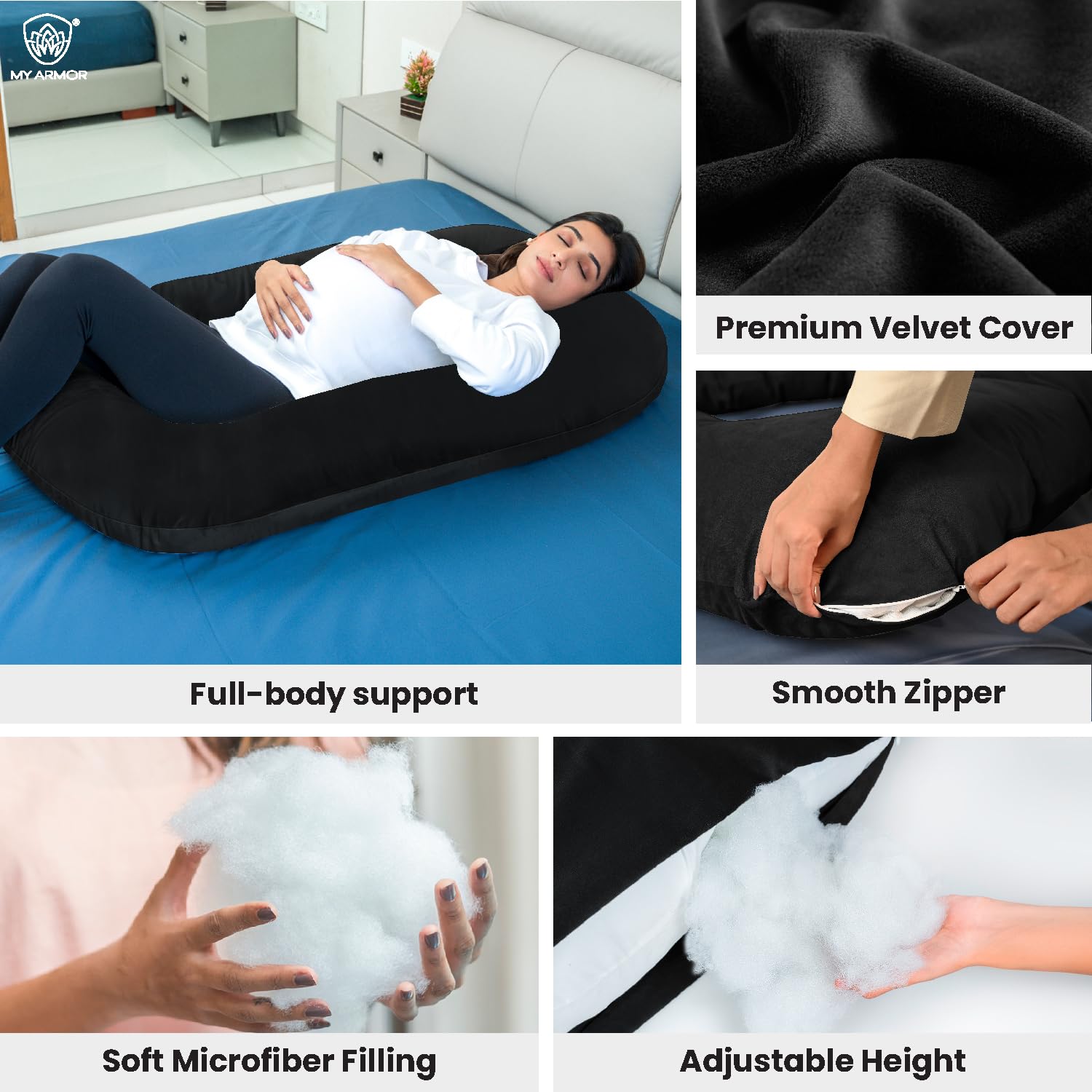 Full Body J Shape Pregnancy Pillow For Women, Maternity Pillow, Black | Pillow Gift For Pregnancy Sleeping, Premium Velvet Cover With Zip | Adjustable & Washable, Multipurpose Pillow