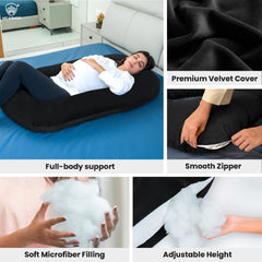 Full Body J Shape Pregnancy Pillow For Women, Maternity Pillow, Black | Pillow Gift For Pregnancy Sleeping, Premium Velvet Cover With Zip | Adjustable & Washable, Multipurpose Pillow
