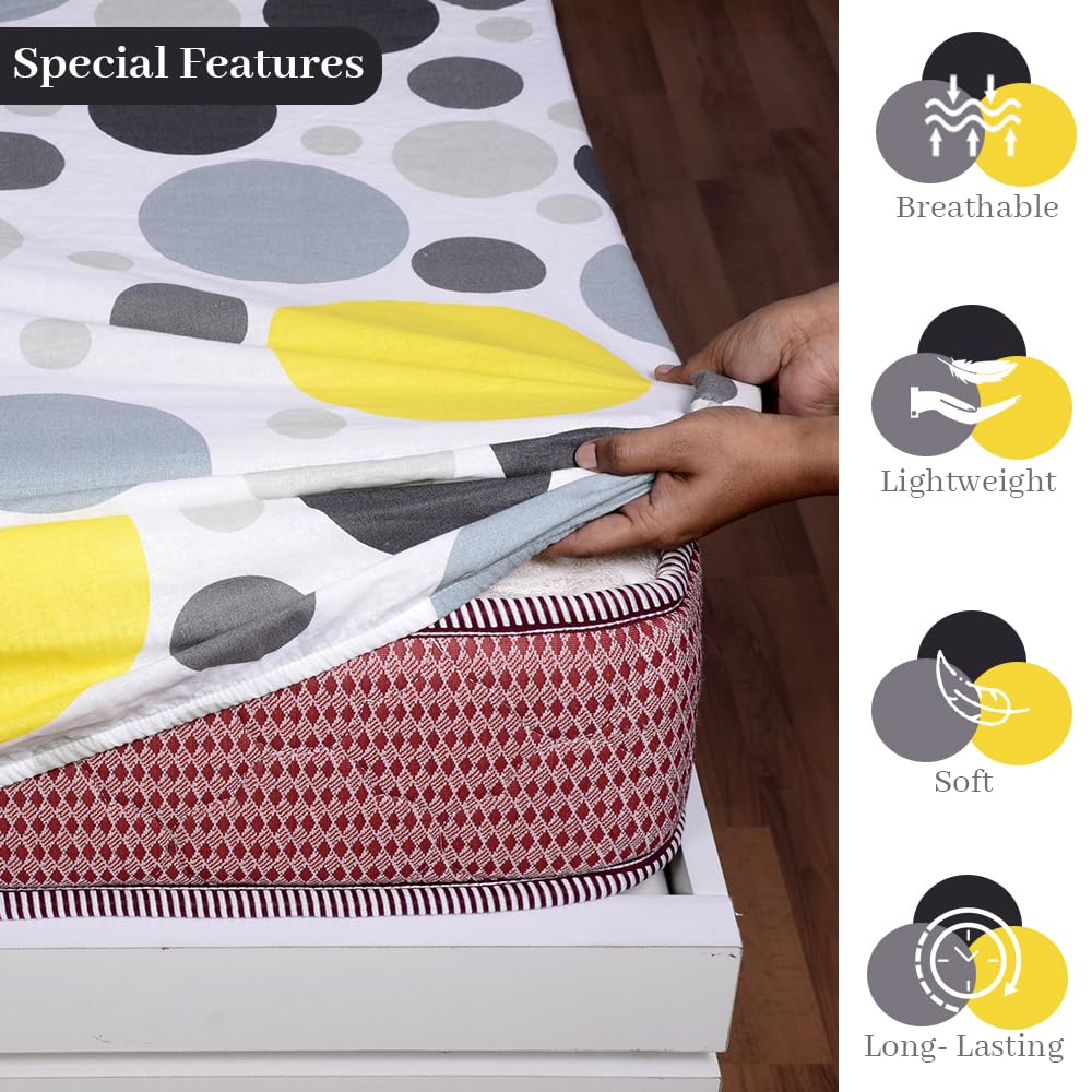 Double Bedsheet For Queen Size With 2 Pillow Covers - 59 X 78 Inches, Yellow & Grey | All Around Elastic Fitted Soft, Lightweight & Breathable Cotton Bedsheet