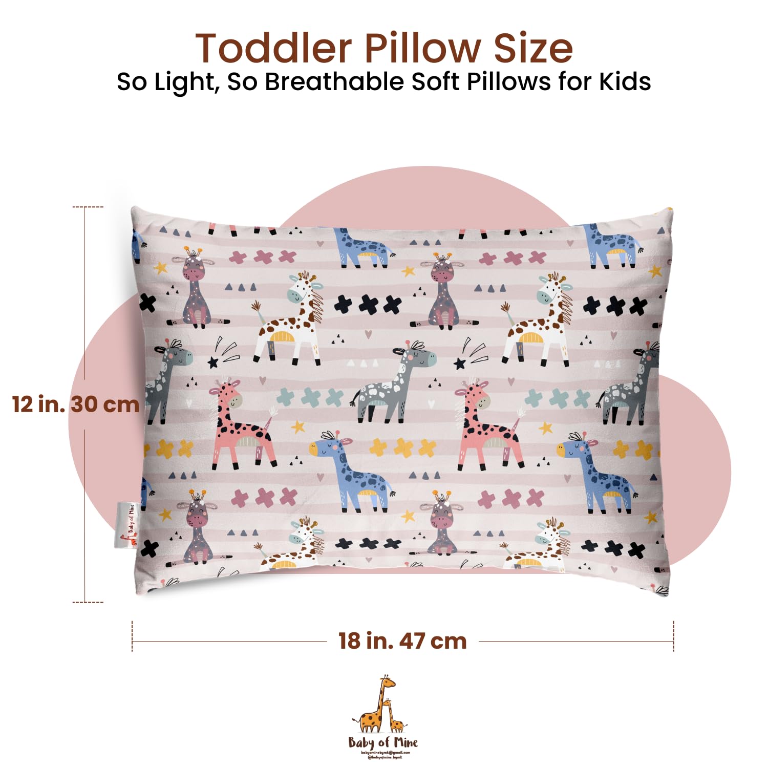 Premium Baby Pillow For Kids, Super Soft Cotton Kids Cushion - 12 X 18 Inches | For 5 Years Old Kids, Cartoon Prints - Colorful Giraffe | Bed Pillow, Washable, Easy To Care - Pillow 11