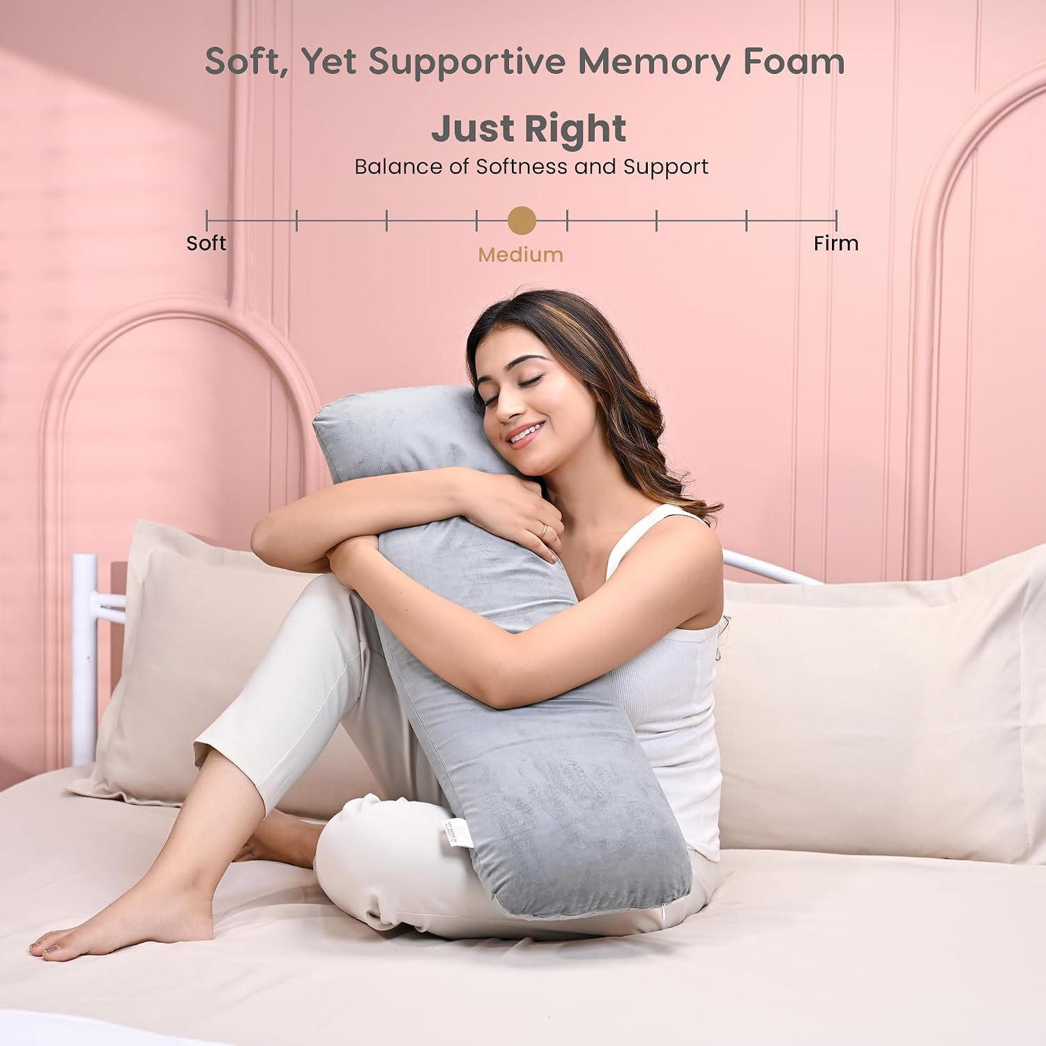 Memory Foam Half Body Pillow, For Sleeping & Hugging, Pregnancy, Grey - 30 X 10 X 5 Inches | Long Cuddle Pillow Suitable For Side Sleepers & Back Support | Velvet Cover, Multipurpose Use