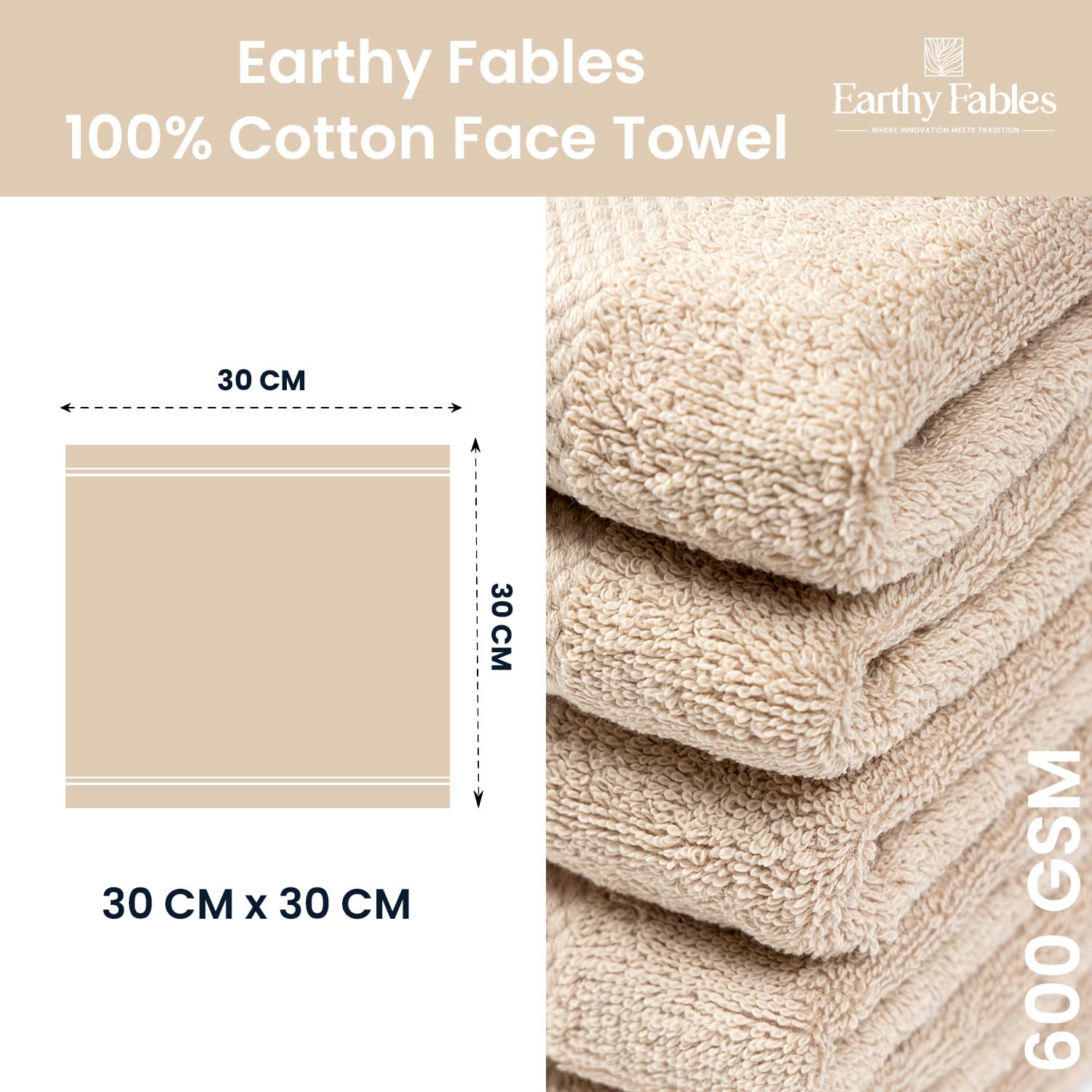 Earthy Fables Premium Face Towels 600 Gsm | Ultra Soft, Quick Dry & Highly Absorbent, For Gym, Travel & Acne-Prone Skin | Set Of 3 (Beige)