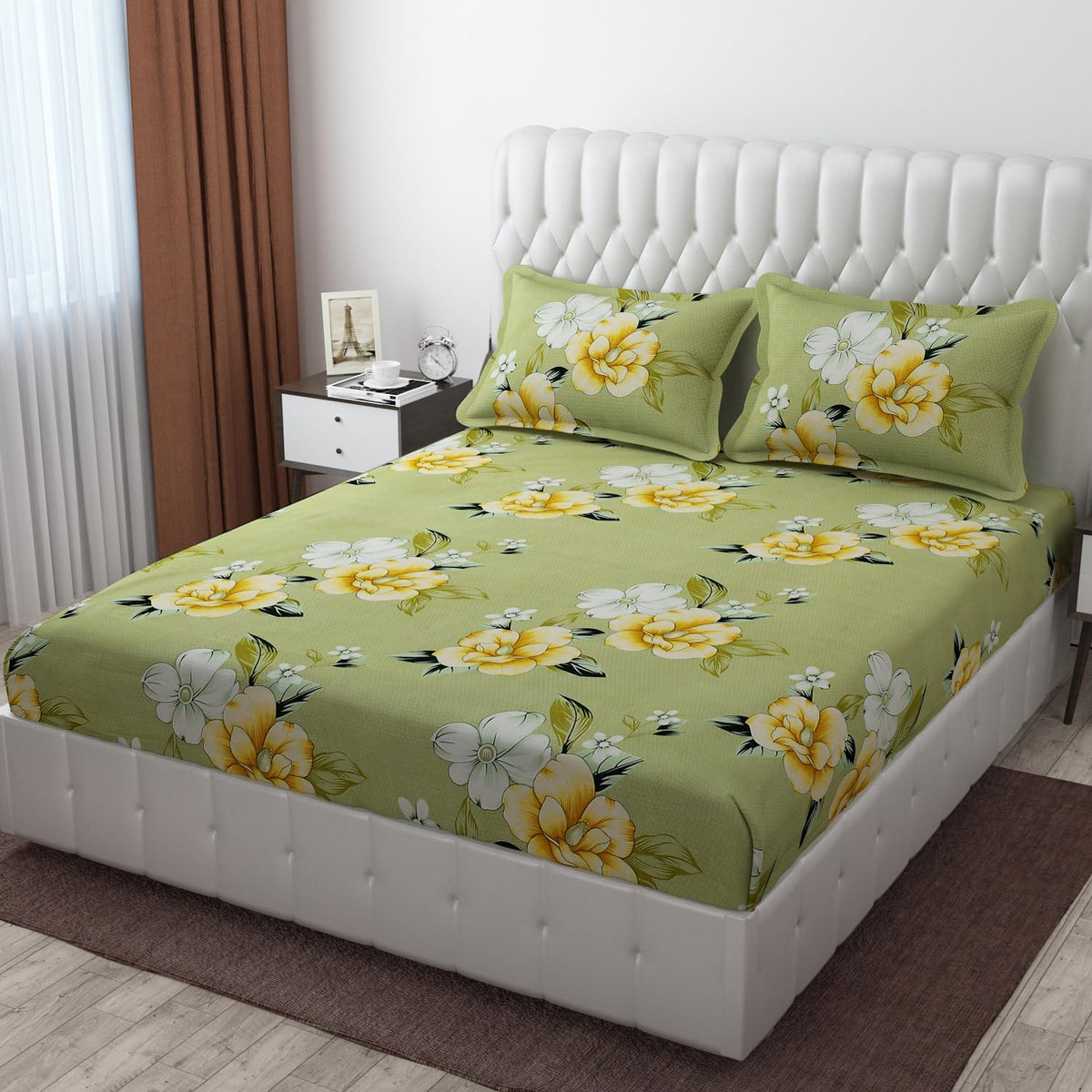 Premium Heavy Cotton Elastic Fitted Bedsheets With 2 King Size Pillow Covers | 72 X 78 Inches, Light Green - Double Bed With All Around Elastic | 350 Thread Count