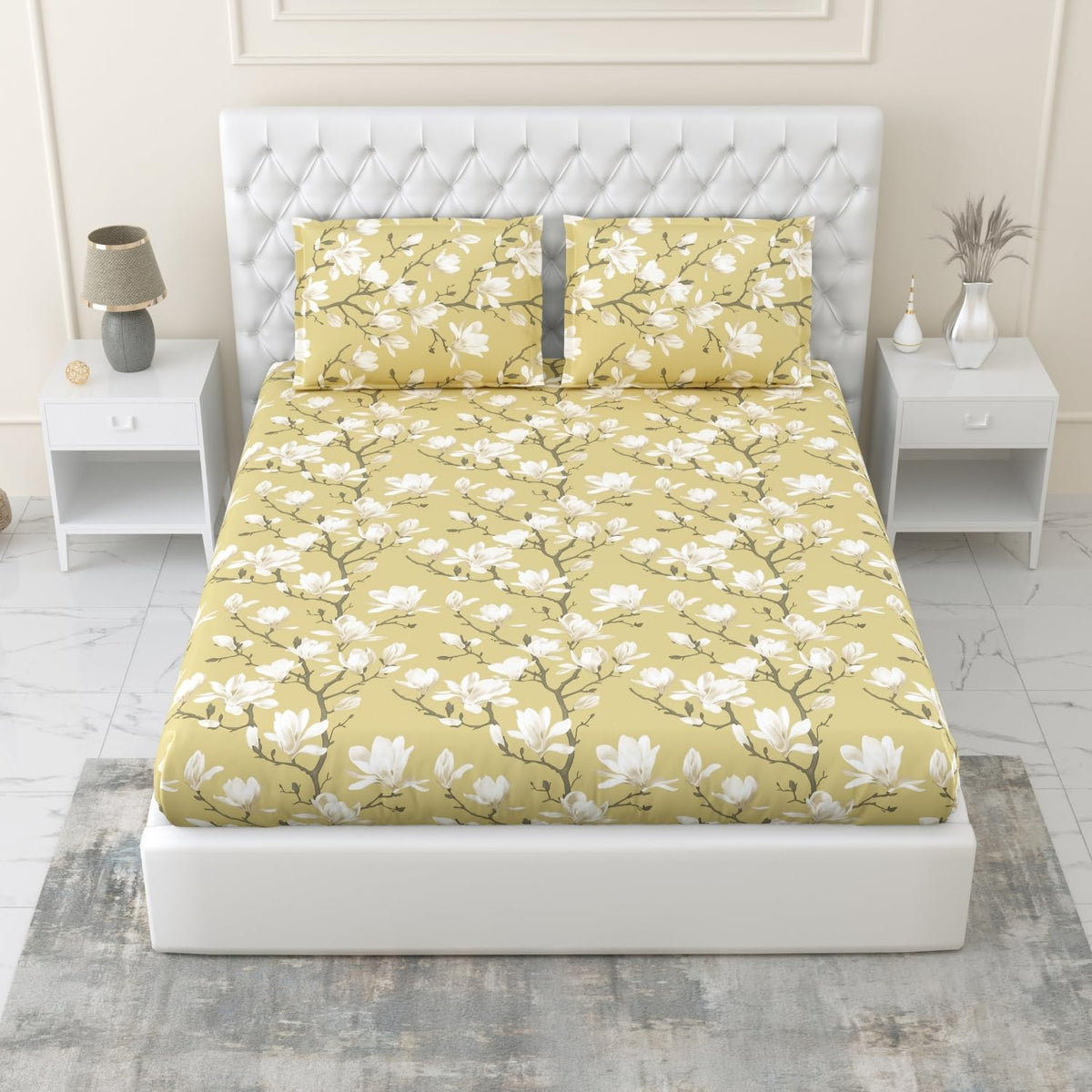 King Size Bed For Elastic Fitted Bedsheet With 2 Pillow Covers | 72 X 78 X 10 Inches, Light Yellow | Softness, Durability & Comfort | Perfect For Everyday Use