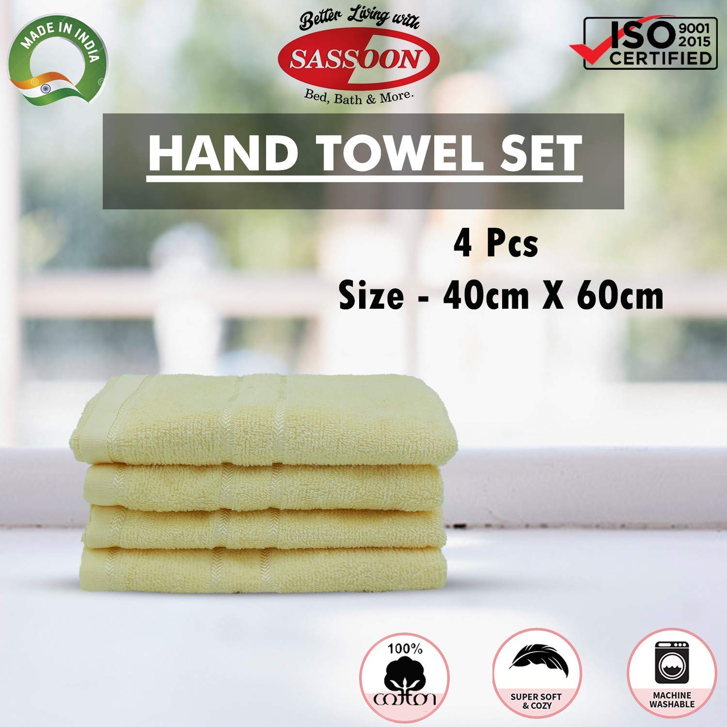Sassoon Melrose 100% Cotton Hand Towel 800 Gsm | Highly Absorbent, Soft Material Perfect For Daily Use (Lemon) -4 Piece