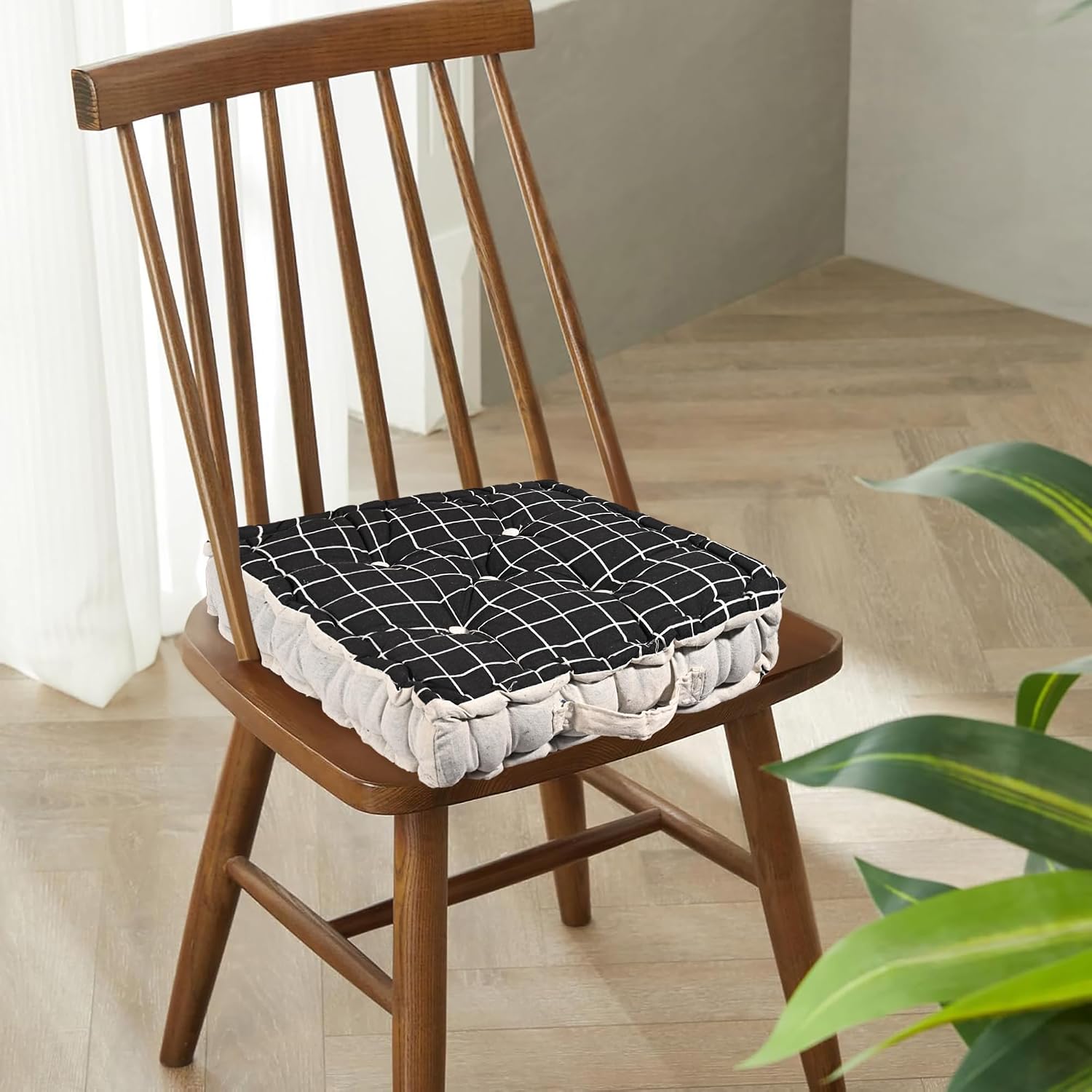 Soft & Comfortable Cotton Chair Cushion Pillow For Sitting, Check Print - Black | Pillow For Office Work & Posture Support | Sitting Cushion & Back Rest For Chair | For Pain Relief