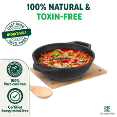 Pre-Seasoned Black Cast Iron Deep Kadai With Flat Handle - Very Small, 20.5cm, 8.1 Inch, 1.4 Liters, 1.8 Kg | Naturally Nonstick Wok Model Kadhai, 100% Pure & Toxin-Free, No Chemical Coating