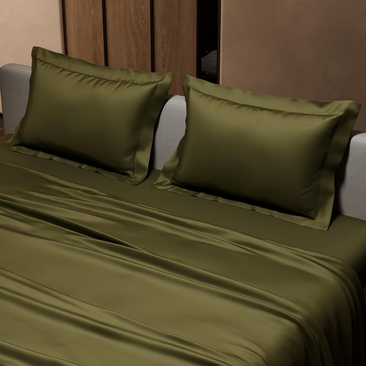 Double Bedsheet With 2 Pillow Covers - 90 X 100 Inches, Olive | Ultra Satin Premium Bedding Set | Gift For Couples, Wedding, Anniversary, Date Night