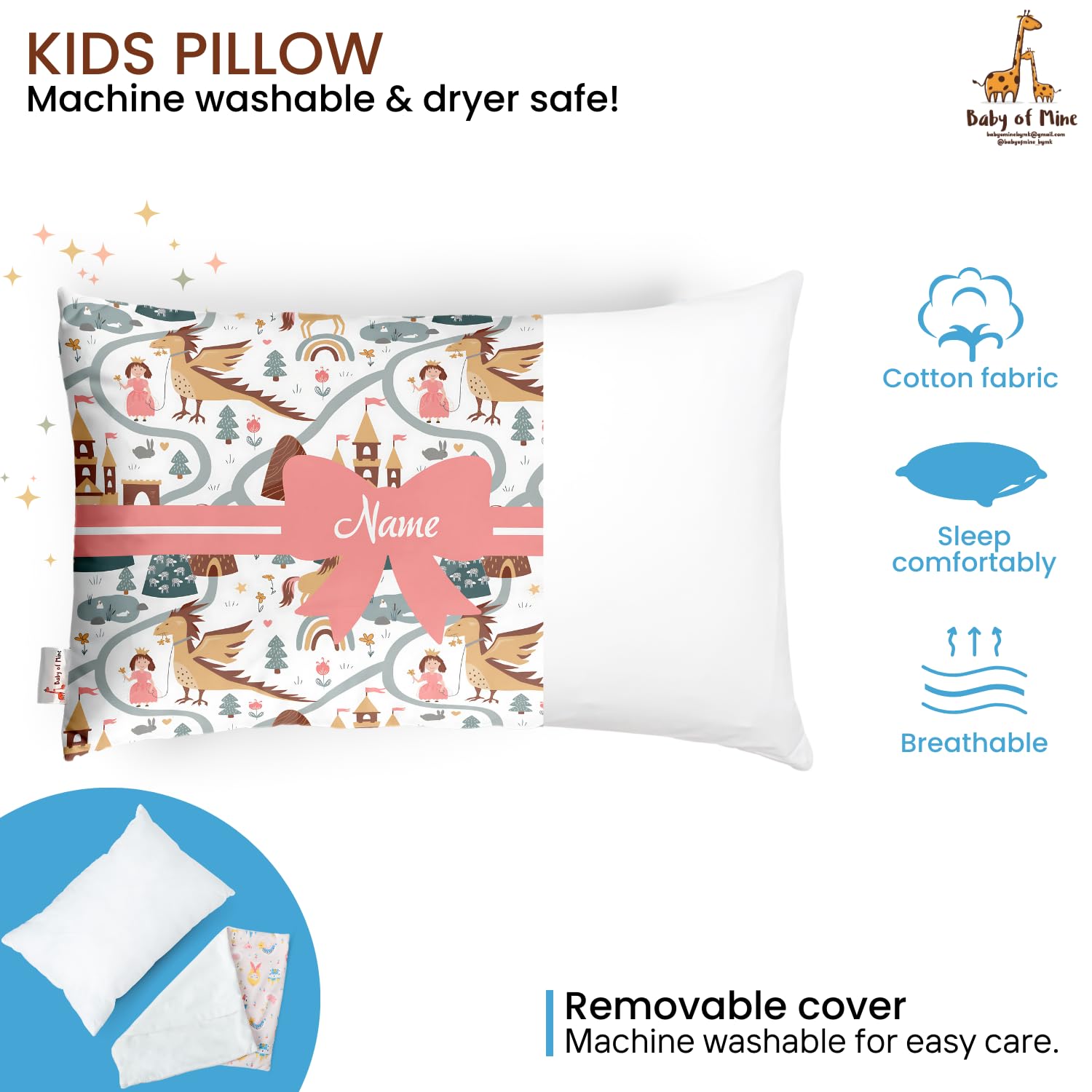 Personalized Pillow For Kids, Super Soft Cotton Kids Cushion - 12 X 18 Inches | Custom Name, For 5 Years Old Kids, Adorable Prints | For Head, Neck Support Baby Pillow - Pillow 16