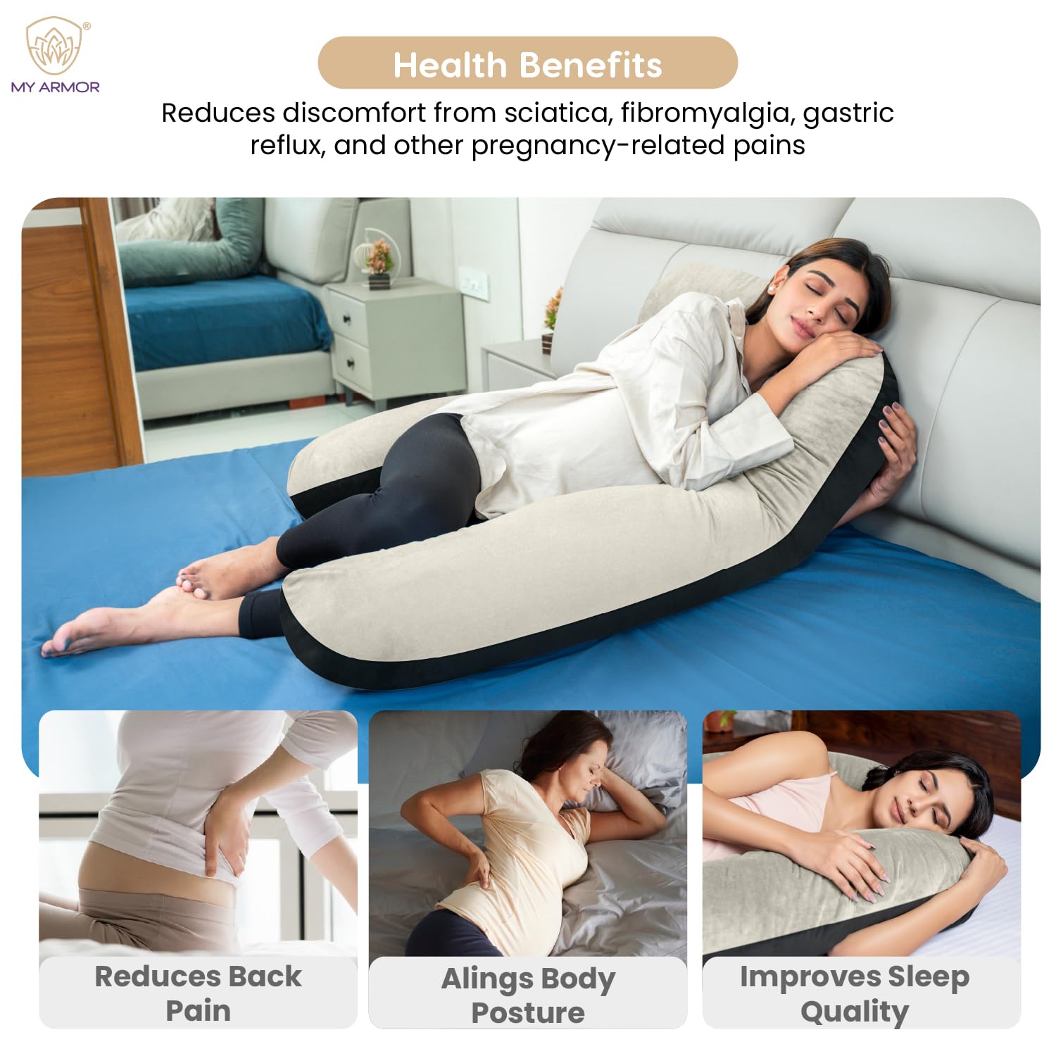 Full Body U Shape Pregnancy Pillow For Women, Maternity Pillow, Black & Cream | Pillow Gift For Pregnancy Sleeping, Premium Velvet Cover With Zip | Adjustable & Washable, Relieves Pain