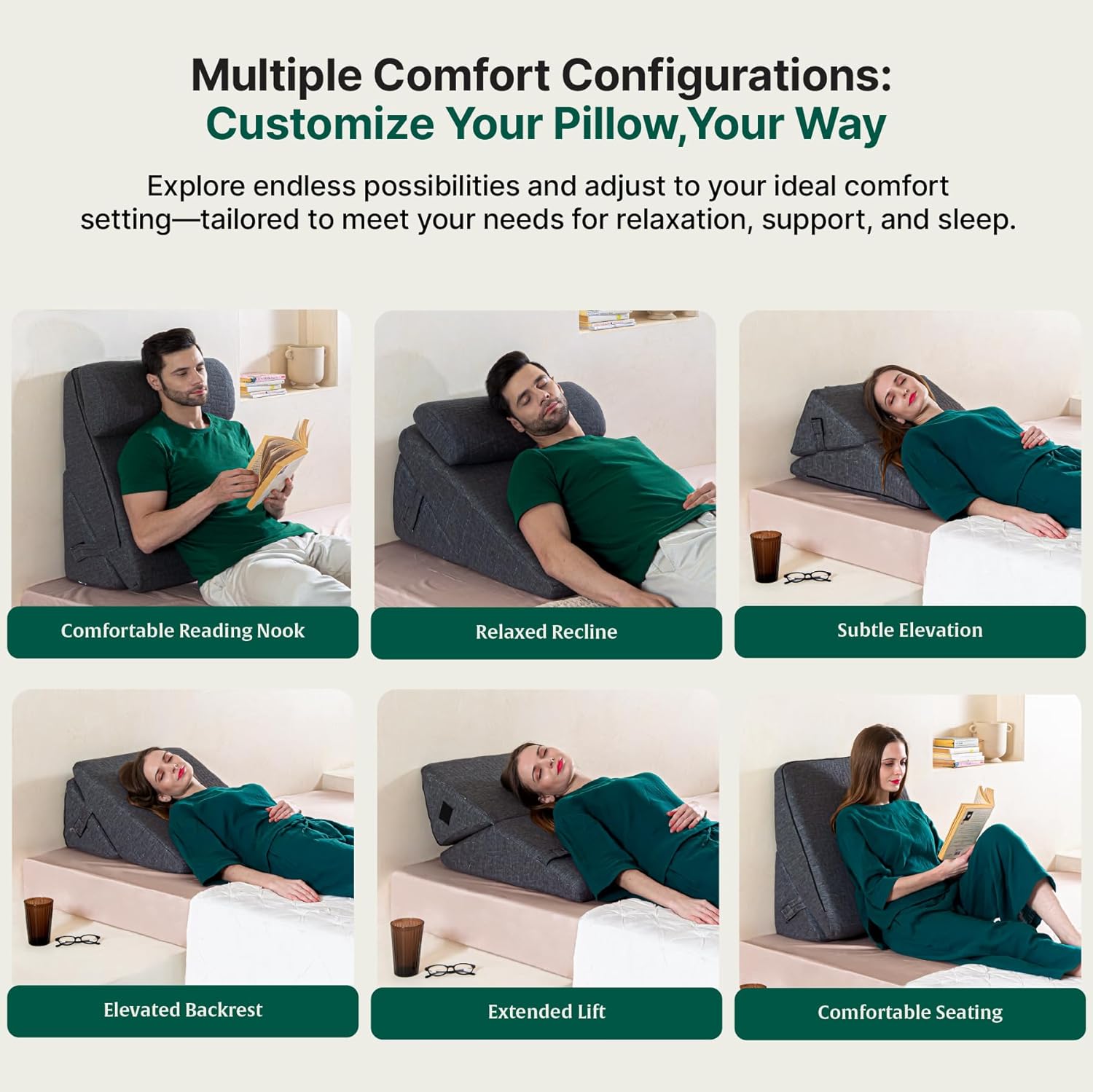 Wedge Pillow For Back Support, Acid Reflux, Dark Grey, King Size - 12 Inch | For Leg Elevation Gerd, Sleep Apnea, Post Surgical Recovery, Adjustable Memory Foam & HR Foam With Headrest