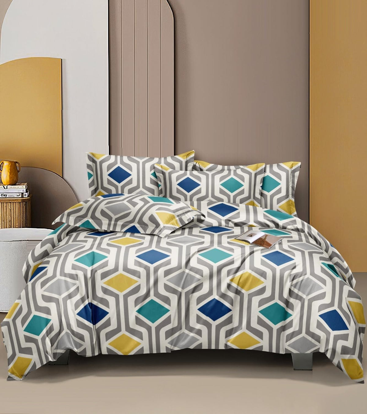 Bedsheet For Queen Size With 2 Pillow Covers - 60 X 78 Inches, Grey & Blue | Soft & Skin-Friendly Fabric | All Around Elastic Fitted Bedsheet