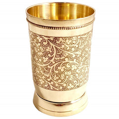 Golden Pure Brass Glass Tumbler Set Of 4 - Capacity 250ml Of Each Glass | Mughlai Style Embossed Design Glass Tumblers