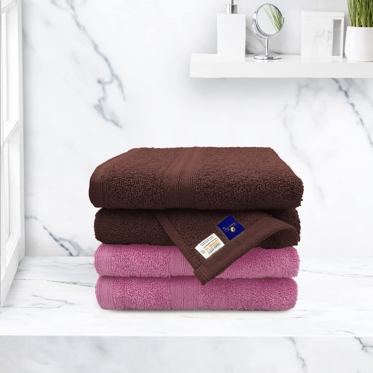 Sassoon Anatolia 4 Piece Cotton Hand Towel 362 Gsm | Soft, Absorbent & Quick Dry Towel For Gym, Home & Yoga (Pink & Cocoa)