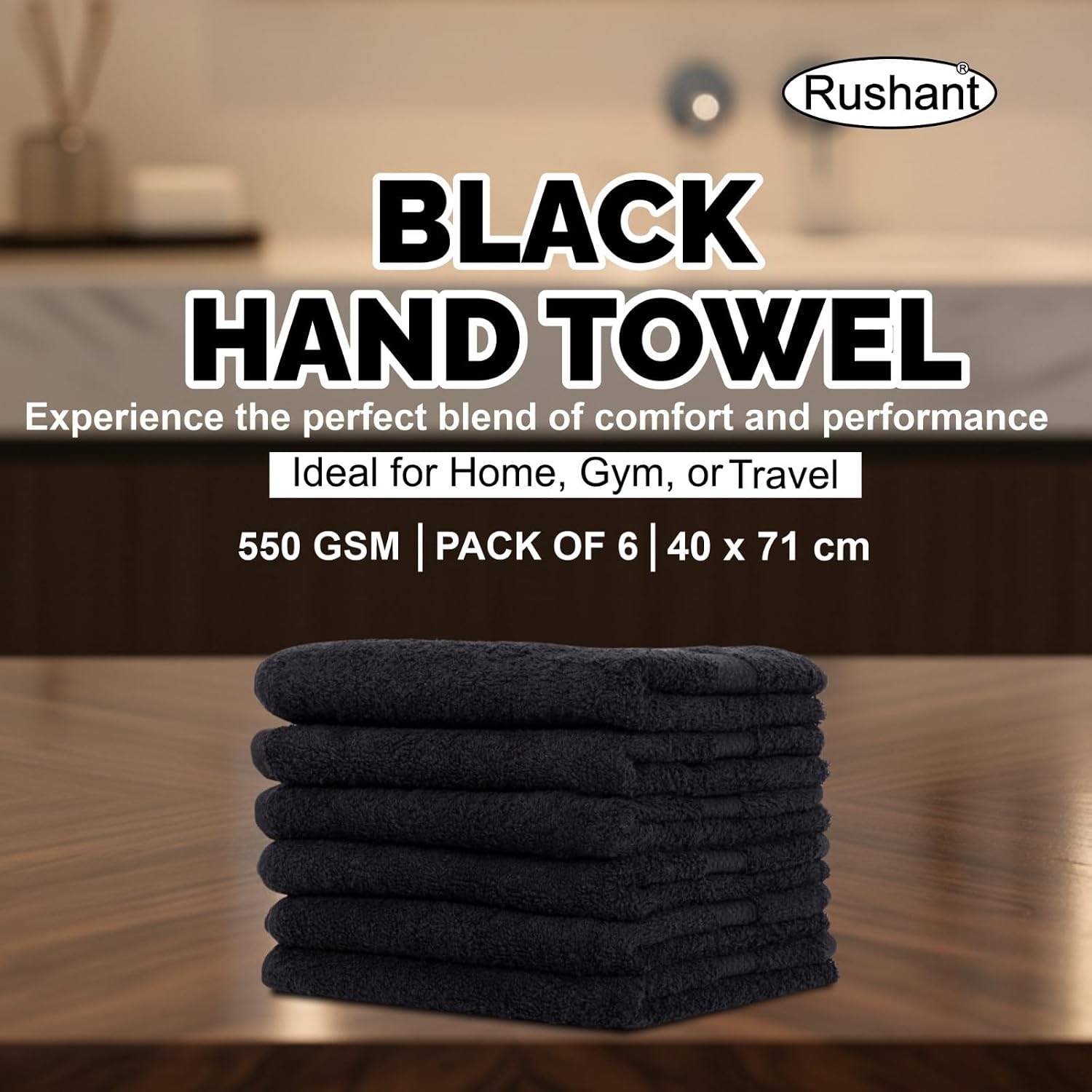 Rushant 100% Combed Cotton Hand Towels 900 Gsm | Ultra Soft, Quick Dry & Super Absorbent For Home, Gym & Travel (Black) - Set Of 6