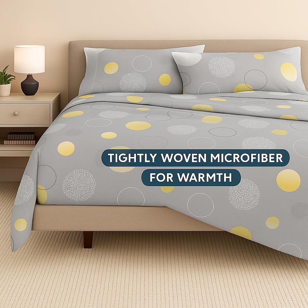 King Size Bedsheet With 2 Pillow Covers - 108 X 108 Inches, Grey & Yellow | Wrinkle & Fade Resistant Bedding | Perfect For Homes, Hotels, Villas, Resorts & Guest Houses