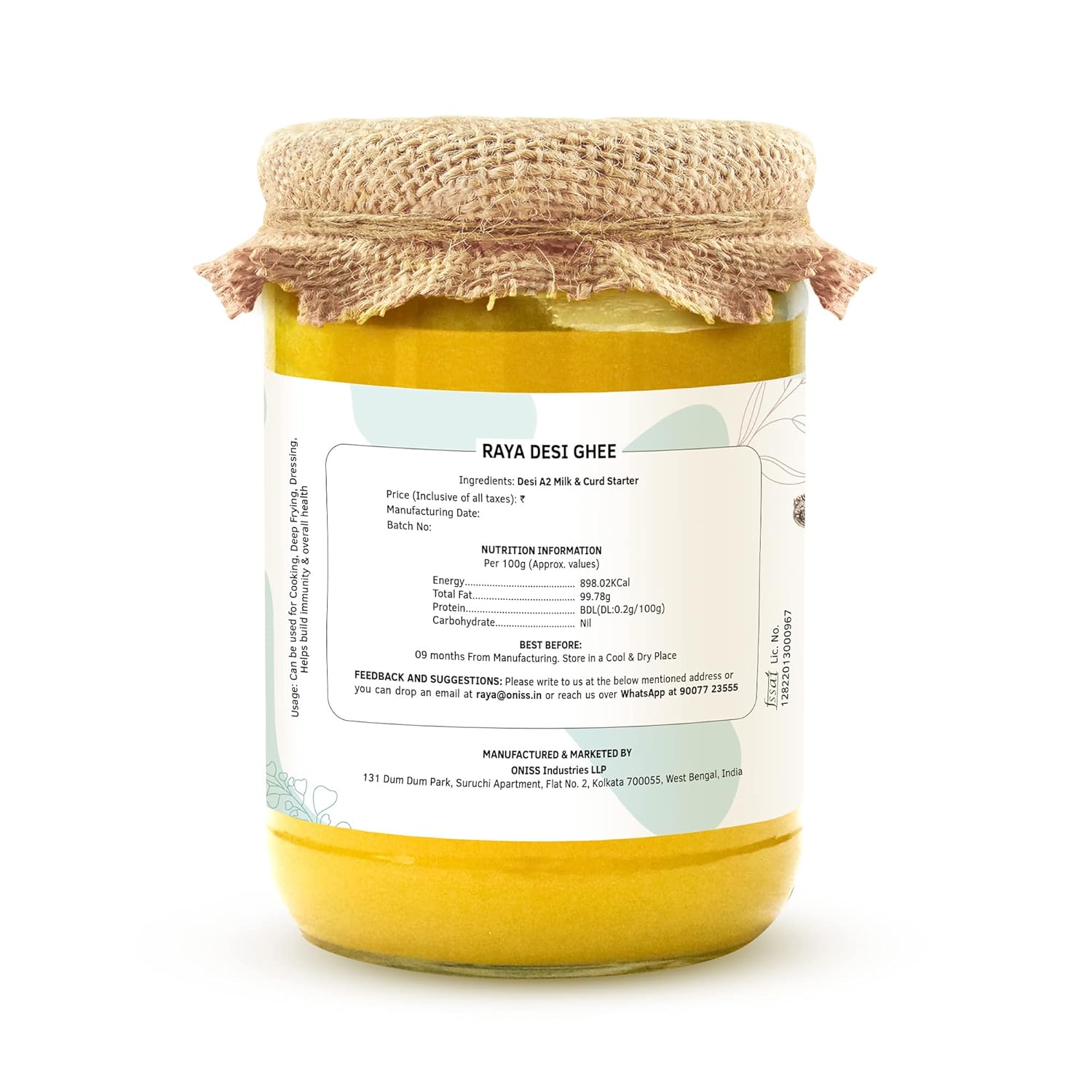 Organic A2 Desi Cow Ghee By Raya | Good Source Of Protein Fiber & Vitamin A Healthy Desi Ghee Perfect For Glowing Skin | (1 Litr) 33.8 Ounce | Jar Pack