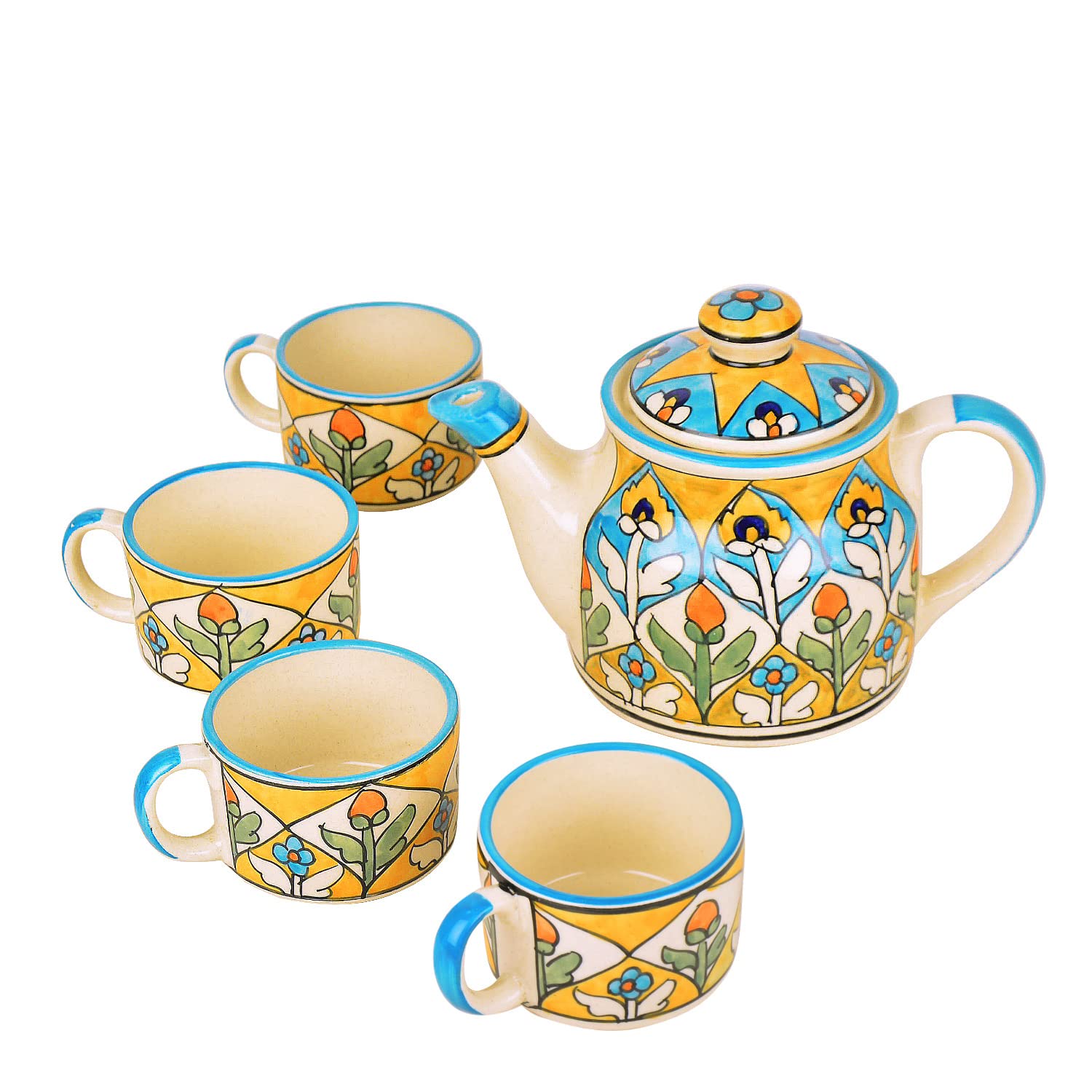 Hand Painted Ceramic Tea Set - 1 Kettle + 4 Cups, Multicolor | Coffee Mugs With Kettle - Tea Cups With Kettle