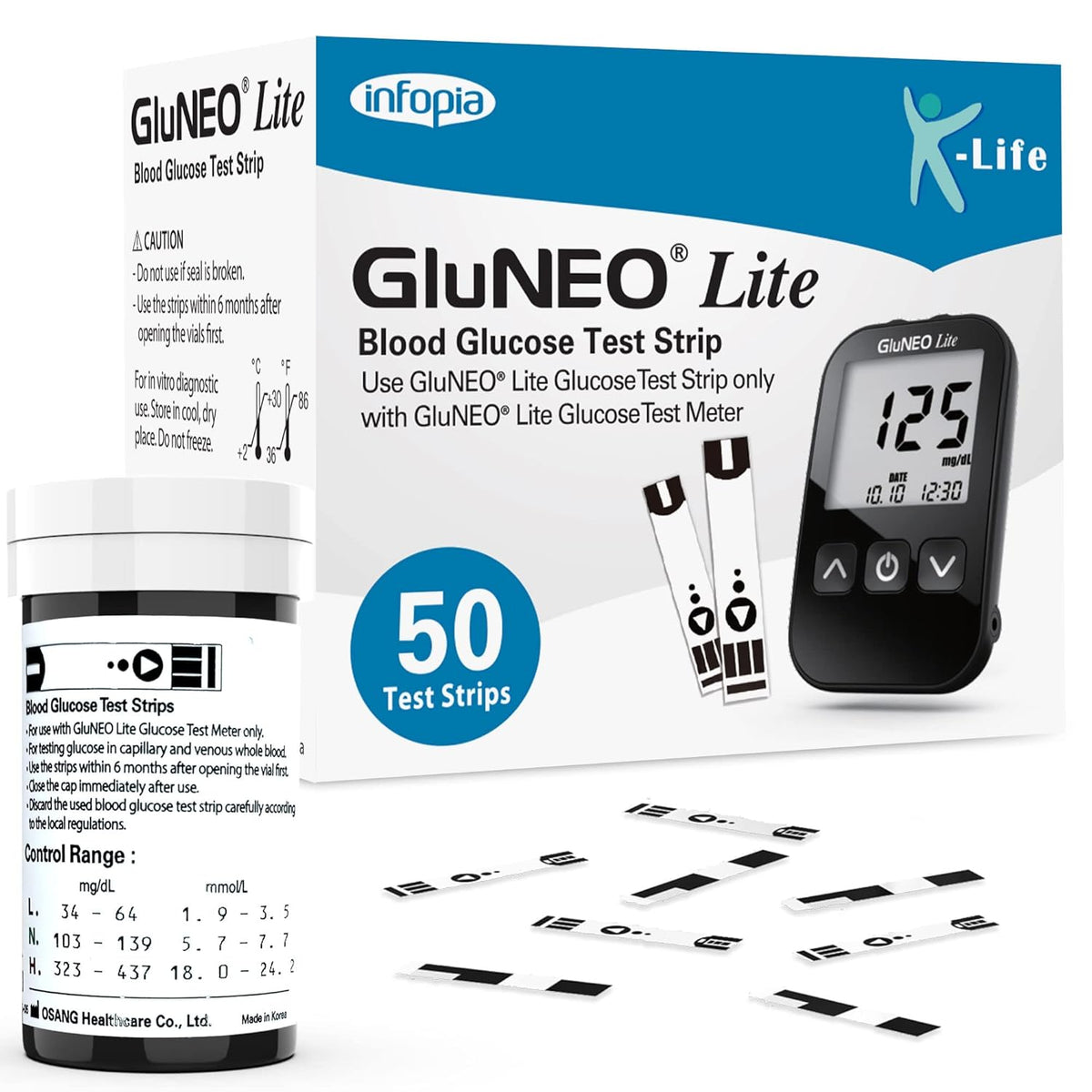 K-Life Gluneo Lite Blood Glucose Sugar Testing Strips + Glucose Test Meter - 50 Strips