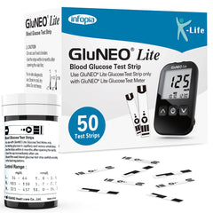 K-Life Gluneo Lite Blood Glucose Sugar Testing Strips + Glucose Test Meter - 50 Strips