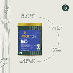 Luxmi Estates Blue Hills Black Tea - 100gm, 3.5 Ounce, 50 Cups | Premium CTC Blended Tea With Leaf - Strong Assam Flavor | Additives Free, High Caffeine Black Tea