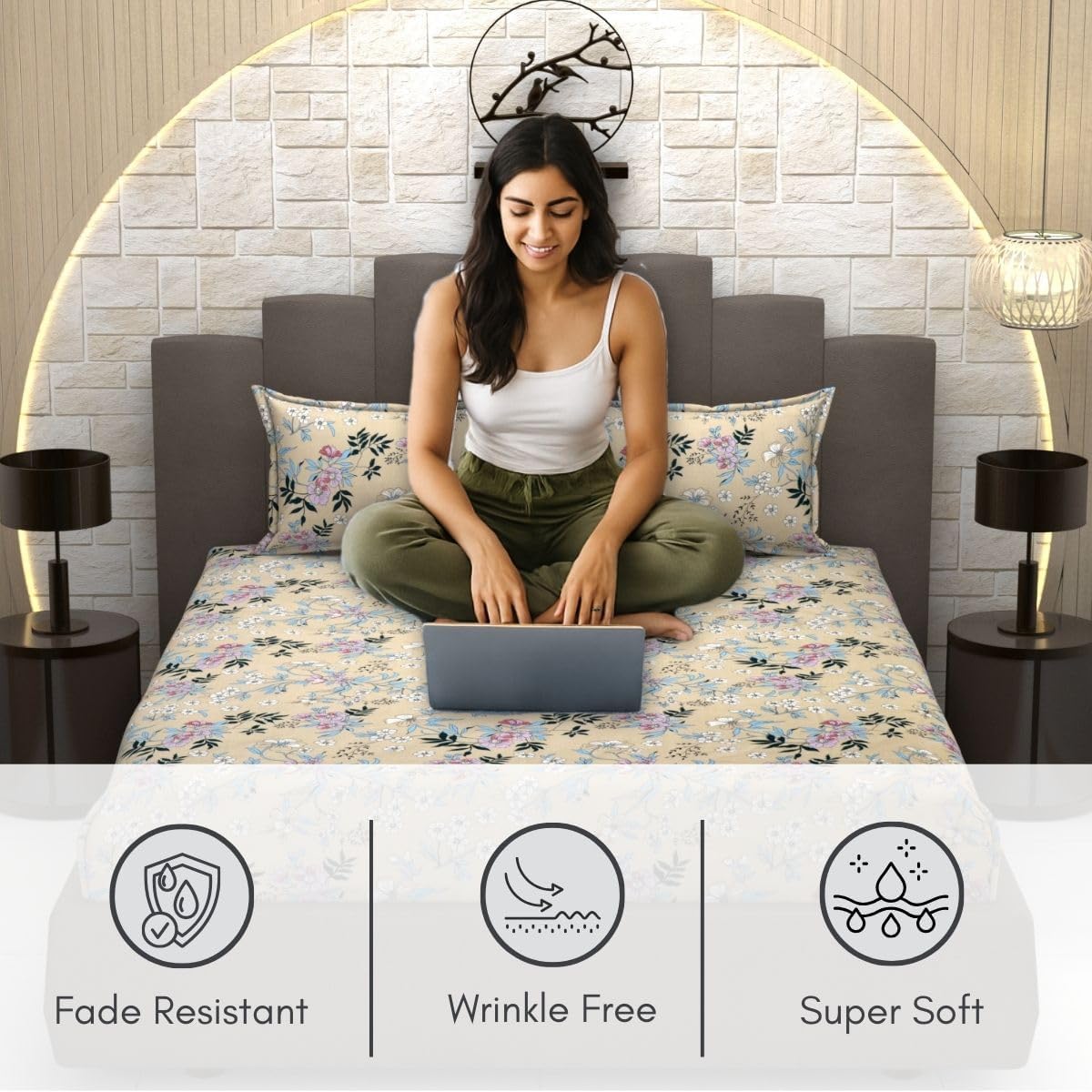 Bedsheet For Queen Size Bed With 2 Pillow Covers - 90 X 100 Inches, Beige & Pink | Soft, Breathable, Wrinkle Free & Fade Resistant
