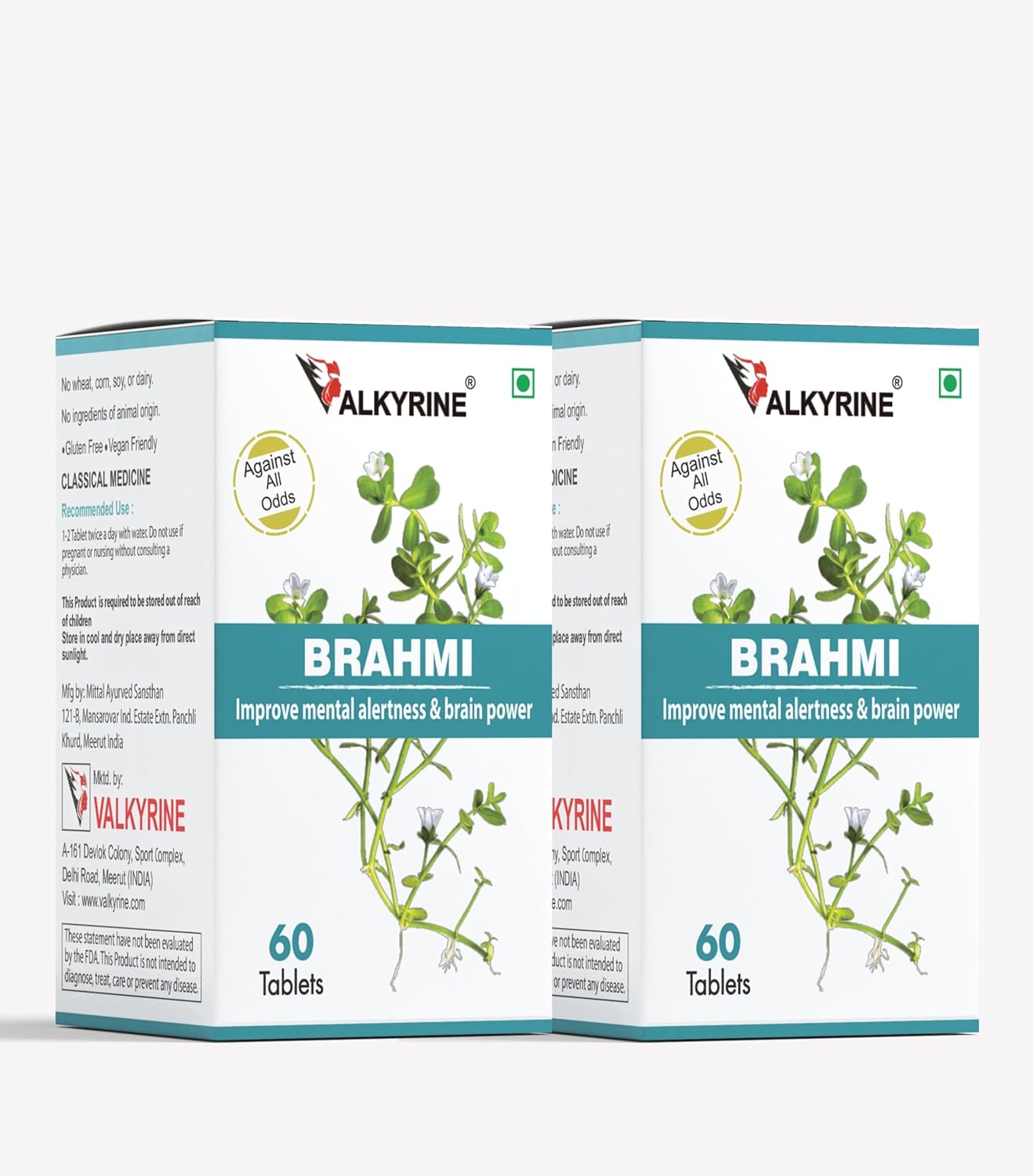 Valkyrine Brahmi, Mind Care & Memory Booster, Acts As A Potent Antioxidant Neuroprotector | 60 Tablets 100gm 0.2lbs Each Pack Of 2