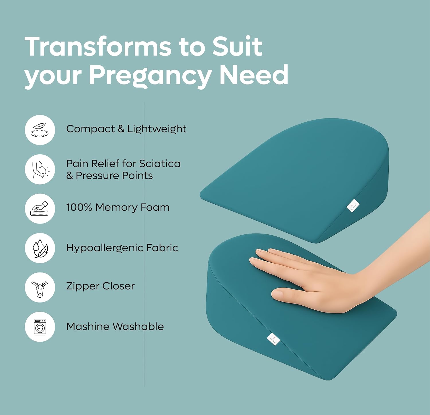 Pregnancy Pillows For Sleeping, Maternity Support, Half Moon Shape, Peacock Green | Multipurpose Pillow For Back, Hips, Support With Removable Washable Velvet Cover, Perfect For All Sleepers