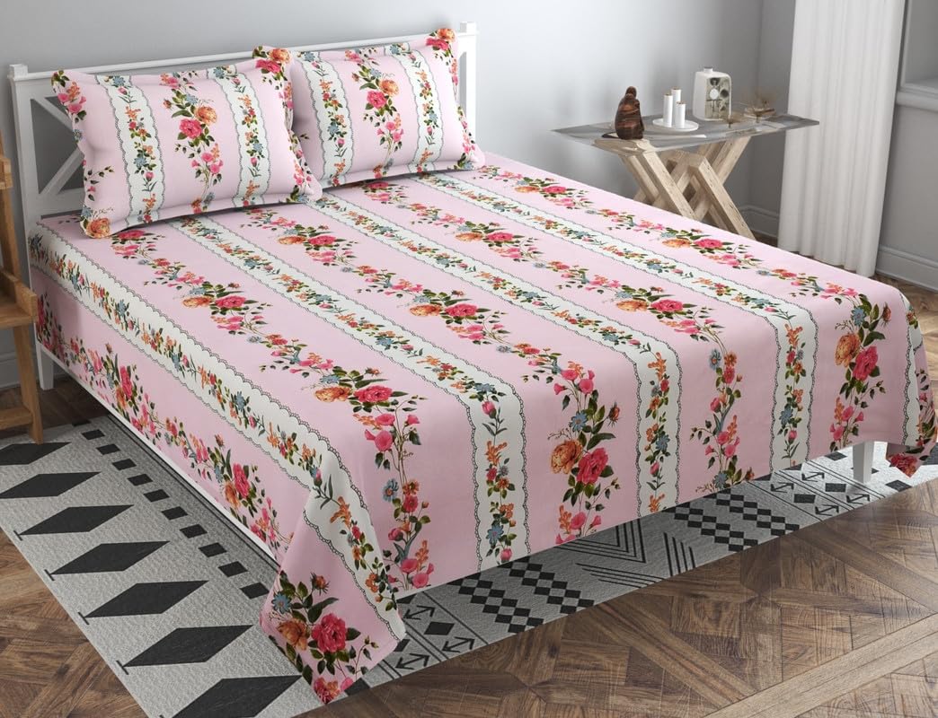 100% Cotton Double Bed Bedsheet Set With 2 Matching Pillow Covers | 90 X 90 Inches, Light Pink - Ideal For Villas, Guest Houses, & Daily Home Use Double Bedsheet