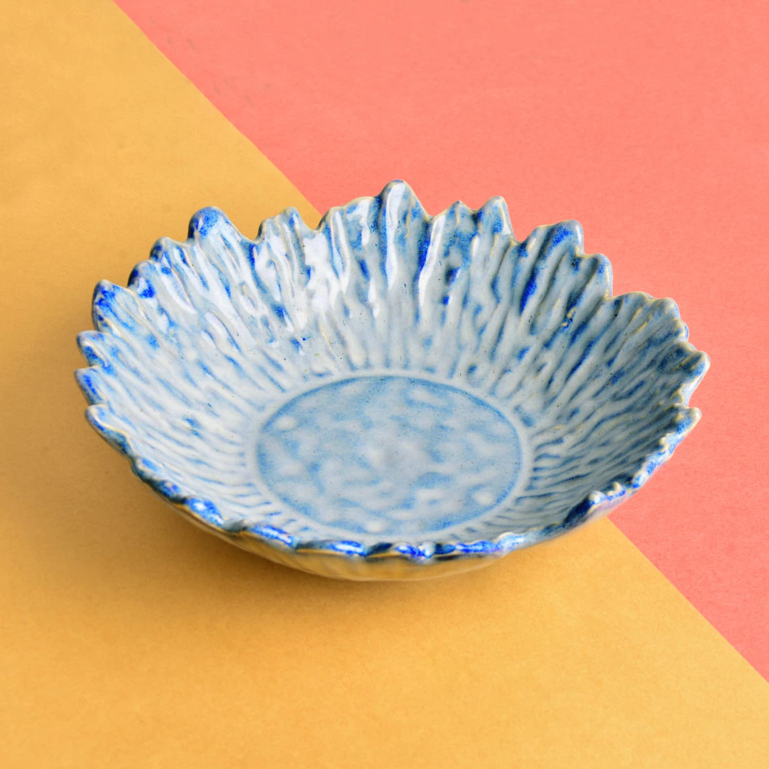 Studio Pottery Artistic Ceramic Serving Bowl With Cutwork Design - Sky Blue, 20.5 Cm, 500ml | Snack Serving Bowl - Pasta Serving Bowl