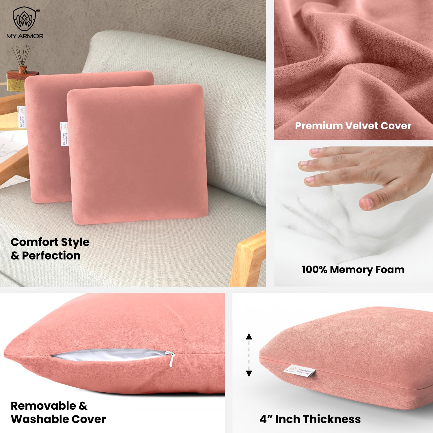Memory Foam Square Cushion Pillow, For Car, Sofa & Diwan, Bed, Chair, Peach - 14 X 14 X 4 Inch | Highly Durable, Hypoallergenic, Adjustable, Velvet Cover, Multipurpose Use - Pack Of 2