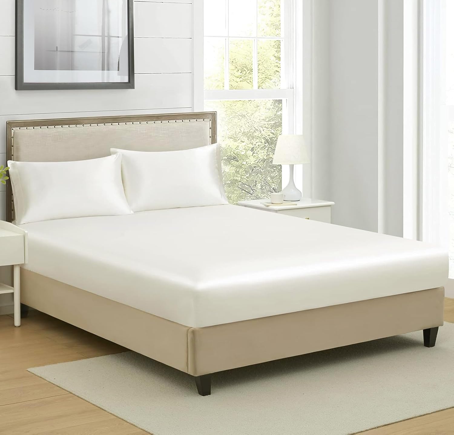 Satin Fitted Solid Bedsheet King Size With 2 Pillow Cover - 72 X 78 X 10 Inches, Cream | Lightweight & Breathable, Perfect For All Seasons
