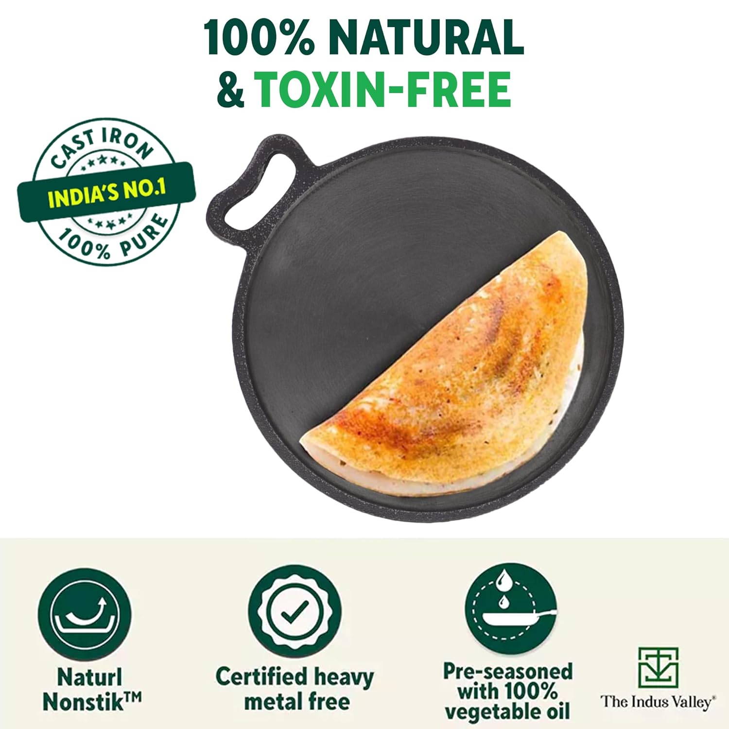 Super Smooth Cast Iron Tawa For Dosa, Chapathi - 30.4cm, 12 Inch, 3.1 Kg | Induction Friendly, Naturally Nonstick, Pre-Seasoned Tawa, 100% Pure & Toxin-Free, No Chemical Coating