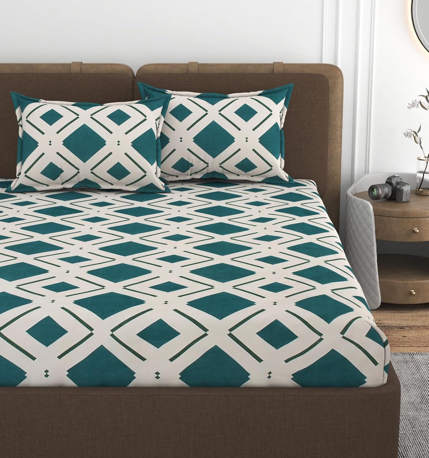 1 Double Bedsheet With 2 Pillow Covers Size 60 X 78 X 8 Inches, Green & Cream | Cotton Feel All Around Elastic Fitted - Queen Size Bedsheets, Super Soft
