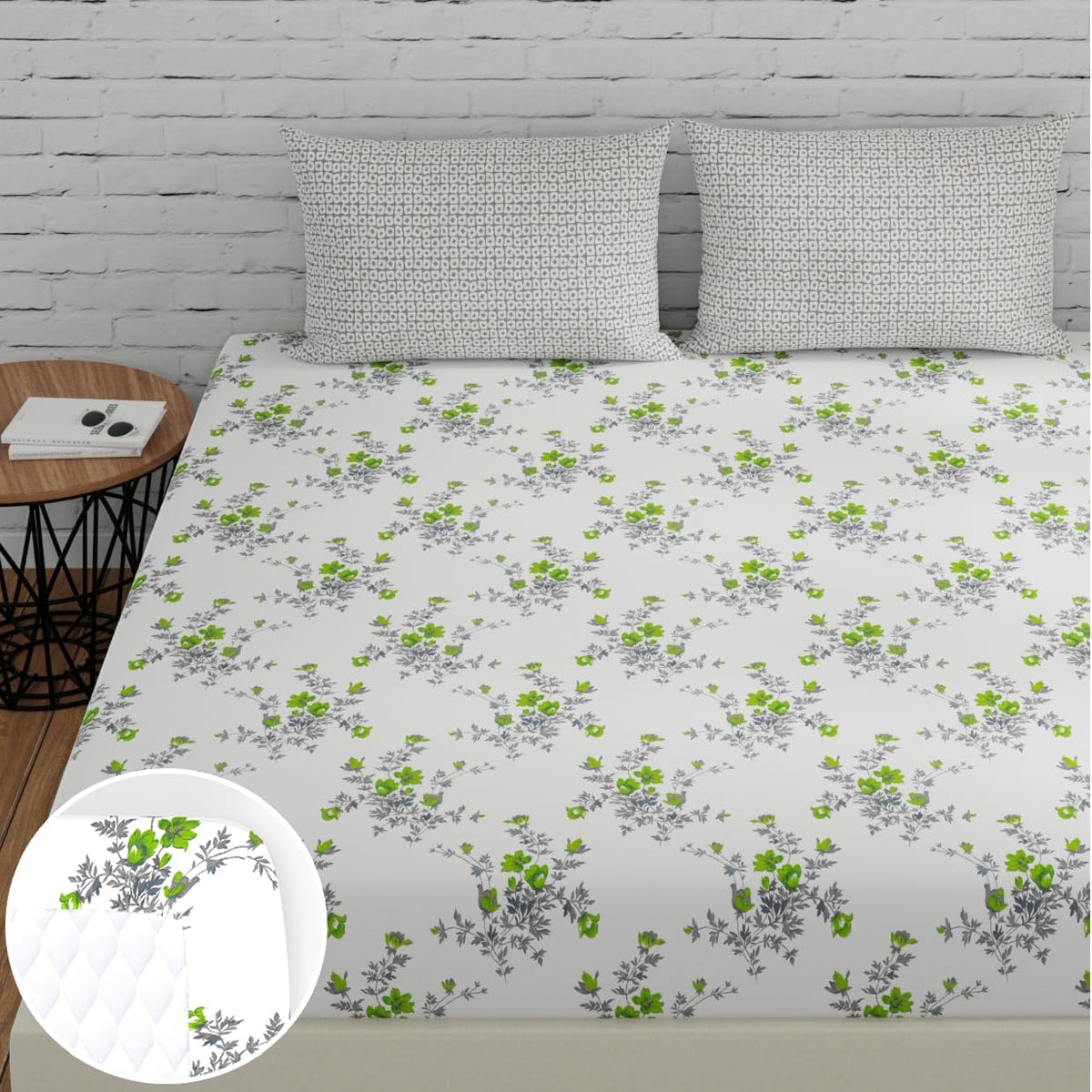 Cotton Elastic Fitted Bedsheet For King Size With 2 Pillow Covers - 72 X 78 Inches, Green & Grey | Ideal For Guest Room, Hotel Quality | 3 Piece Bed Sheet