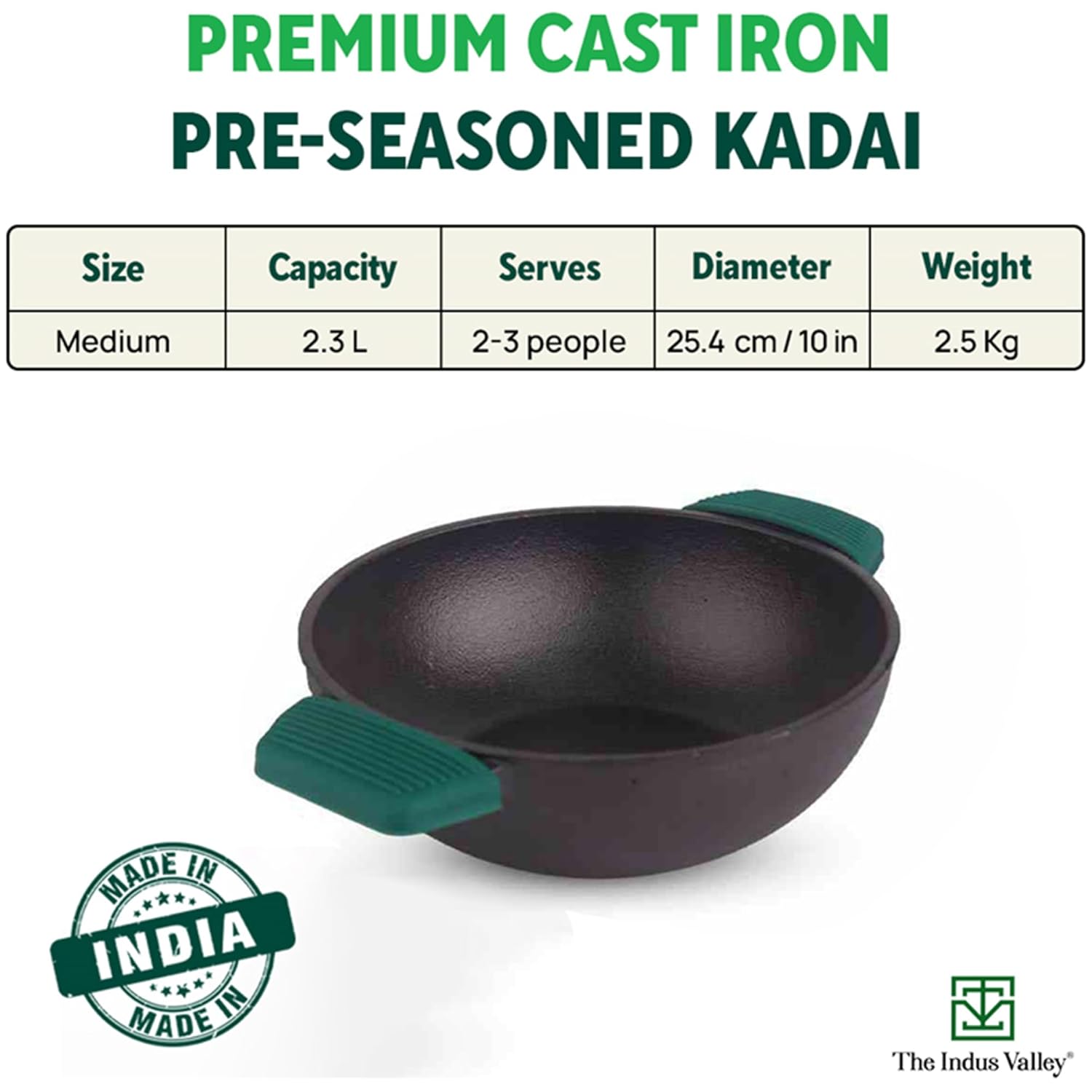 Super Smooth Cast Iron Kadai With Flat Handles & Silicon Grip - Medium, 25.4cm, 10 Inch, 2.5 Liters, 2.4 Kg | Naturally Nonstick, 100% Pure & Toxin-Free, No Chemical Coating