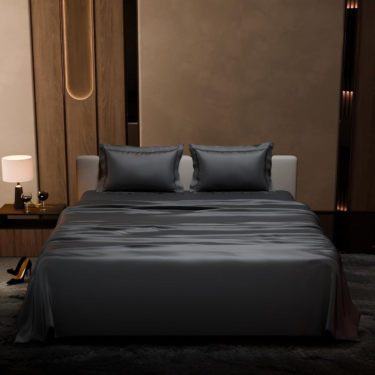 Satin Bedsheet For Double Bed With 2 Pillow Covers - 90 X 100 Inches, Dark Grey | Premium Bedding Set & Wedding Gift For Couples