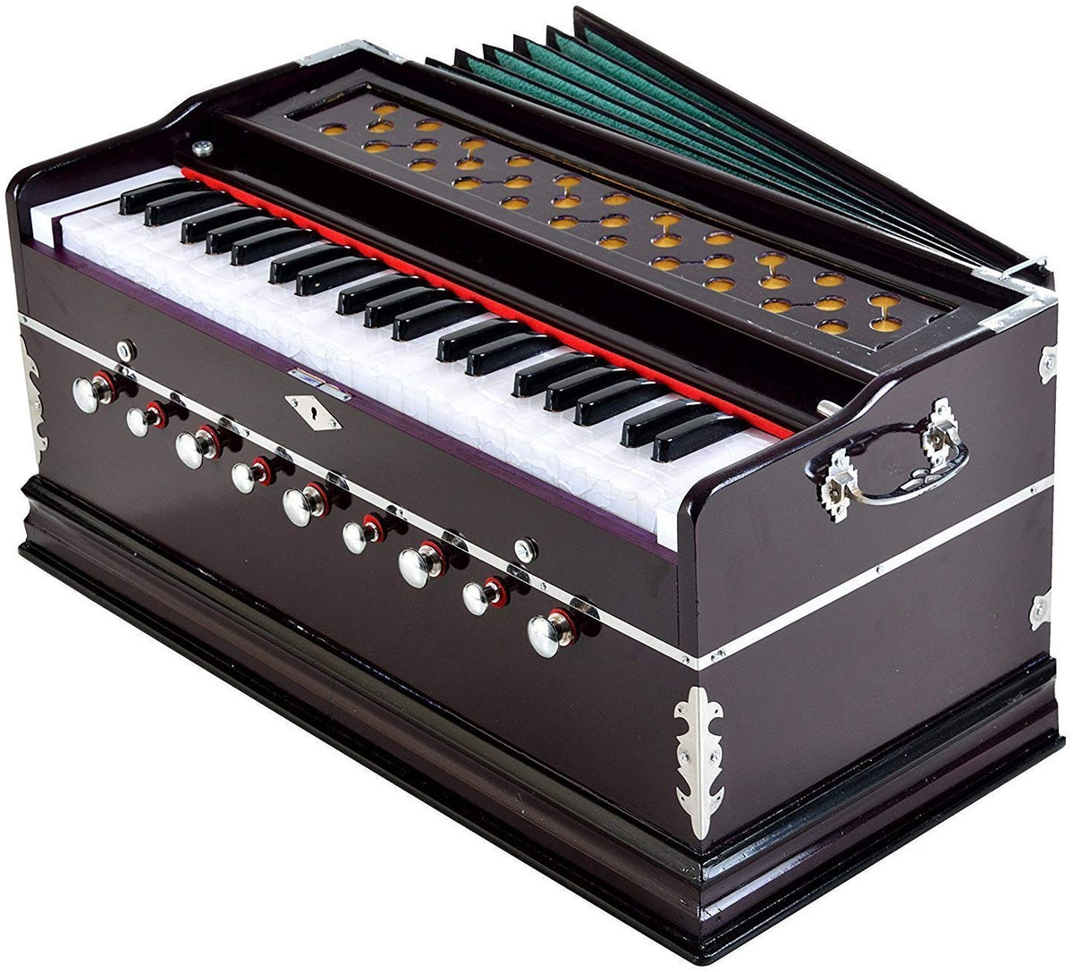 Musical Instruments Harmonium With Cover - 9 Stopper, Churidar Bellow, 42 Keys, Two Reeds (Base- Male), 3.5 Octave | Tuning 440 Standard Pitch - Two Side Carry Handles, Jaali Frame On Keys