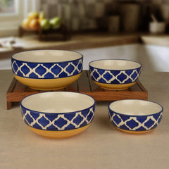 Studio Pottery Hand Painted Dinner Serving Bowl Set Of 4 - 1200ml, 650ml, 450ml & 250ml, Blue & Yellow | Dinner Serving Donga Set - Stackable Kitchen Bowl Set