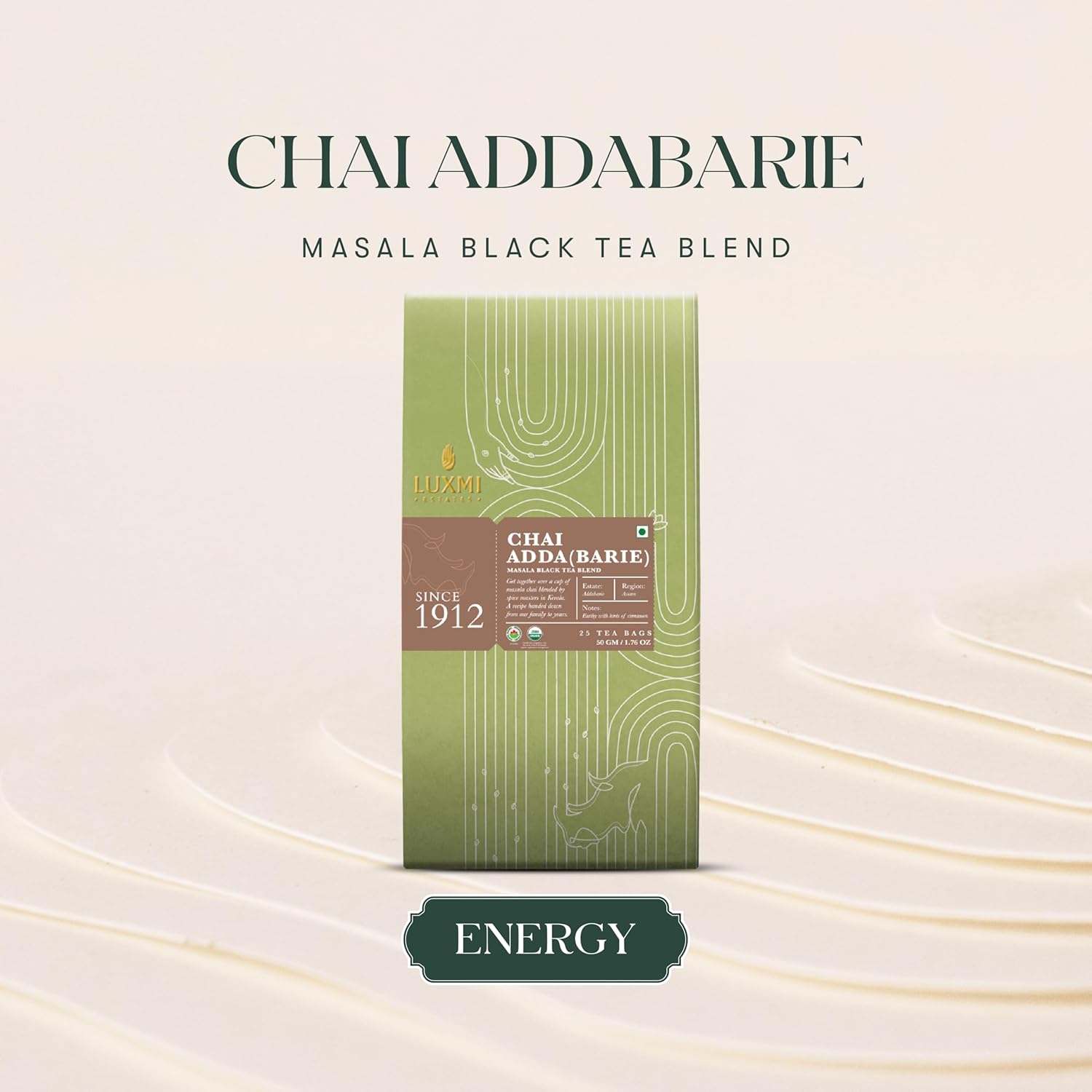 Luxmi Estates Chai Adda Barie Black Tea - 50gm, 1.7 Ounce, 25 Tea Bags | USDA Certified Organic Masala Black Tea Blend - Indian Spice Chai Enriched With Cinnamon & Cardamom
