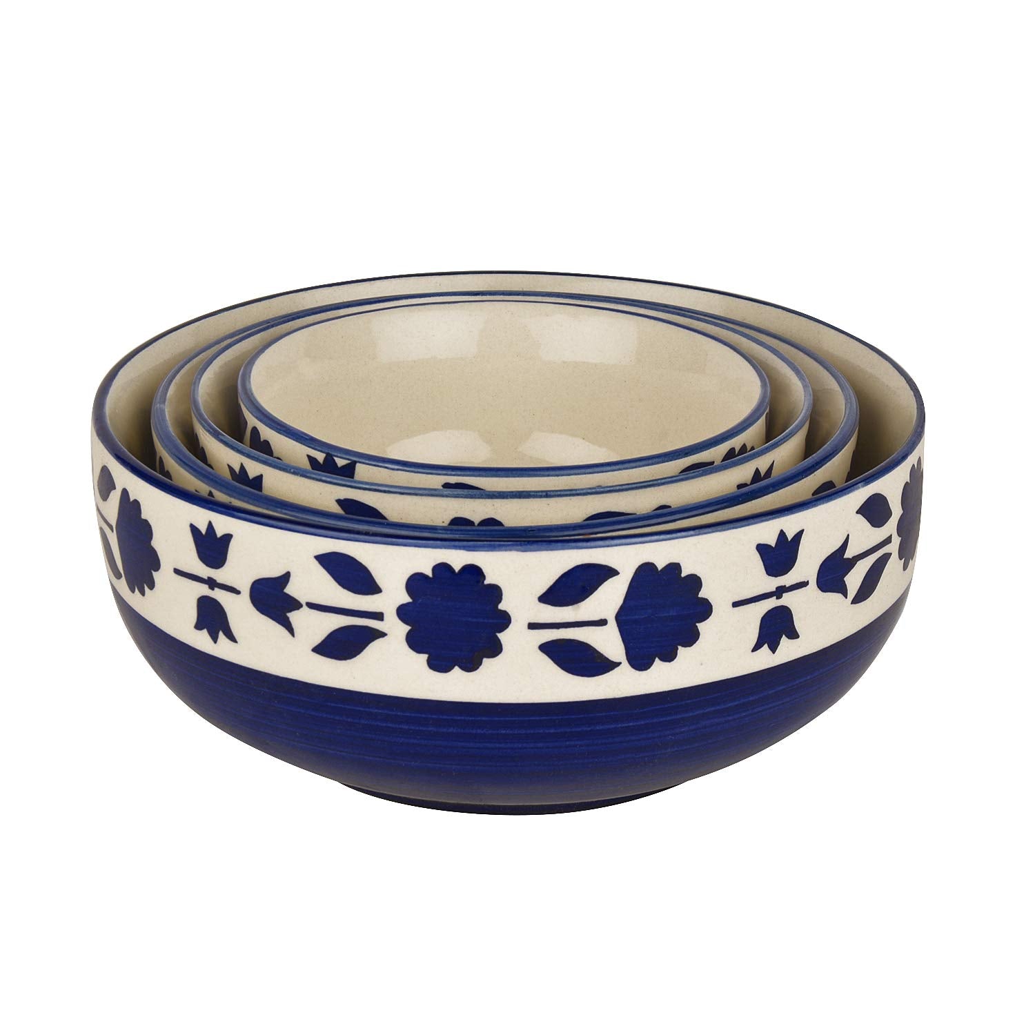 Studio Pottery Hand Painted Dinner Serving Bowl Set Of 4 - 1200ml+650ml+450ml+250ml, Blue Flower | Dinner Serving Donga Set - Stackable Kitchen Bowl Set