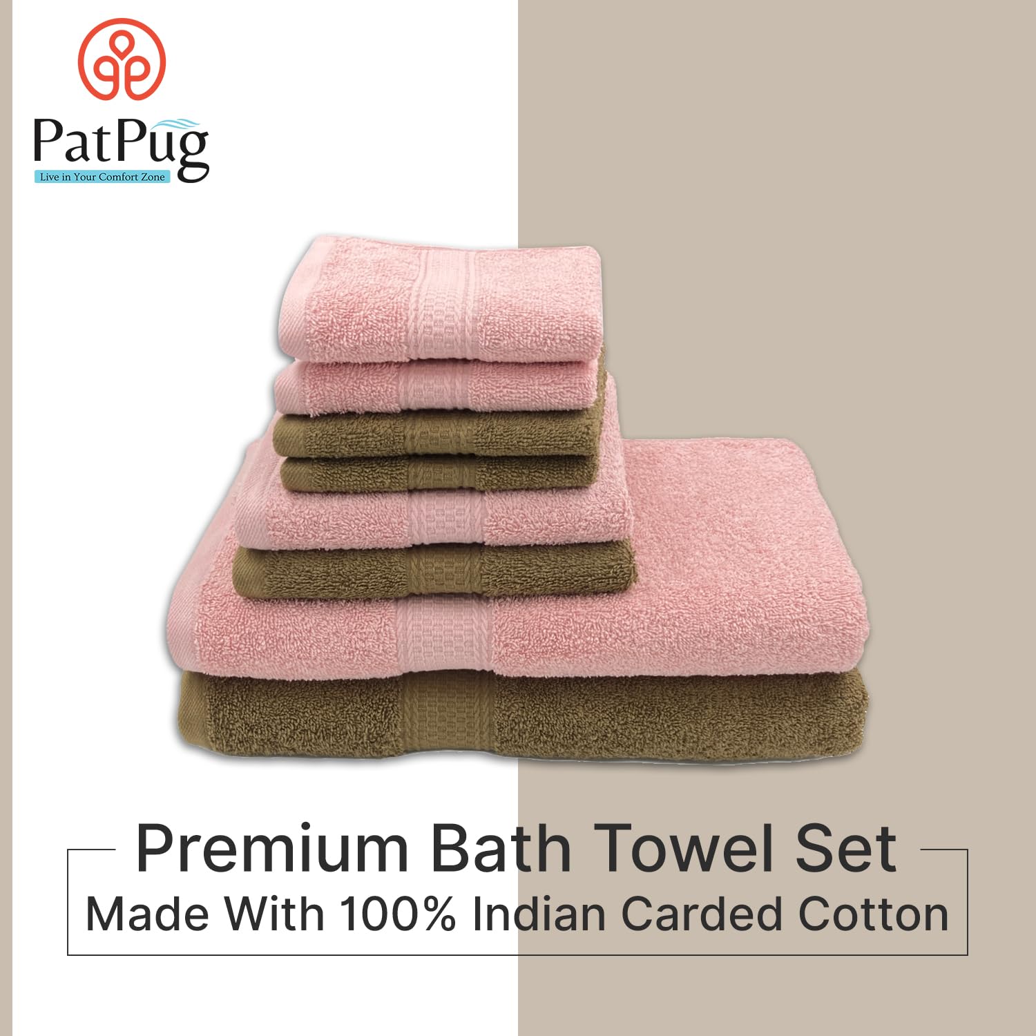 Patpug 100% Indian Cotton Plush Towel Set 2000 Gsm | Highly Absorbent, Fade Resistant, Quick Drying 2 Bath, 2 Hand & 4 Face Towel (Sepia Brown & Baby Pink) - 8 Piece