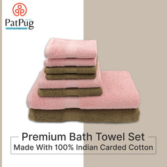 Patpug 100% Indian Cotton Plush Towel Set 2000 Gsm | Highly Absorbent, Fade Resistant, Quick Drying 2 Bath, 2 Hand & 4 Face Towel (Sepia Brown & Baby Pink) - 8 Piece