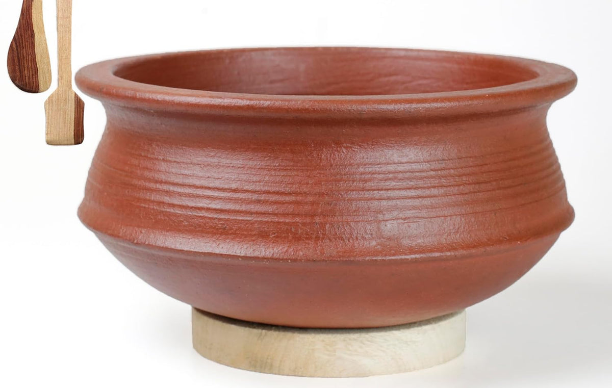 Deep Burned Uncoated Clay Biryani Pot Or Mitti Handi With 2 Wooden Spatulas Complimentary For Cooking & Serving - Red, 4 Liters | Pre-Seasoned Mud Pot - Unglazed, Double Fired, Hand Crafted